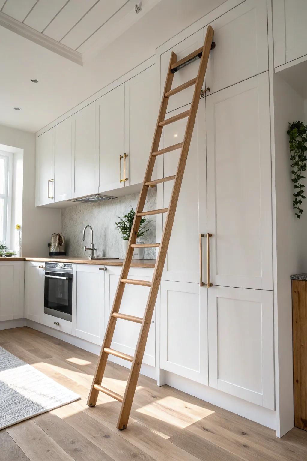 A slim rolling ladder rail makes ceiling-height cabinets easy—and beautifully statement-worthy.