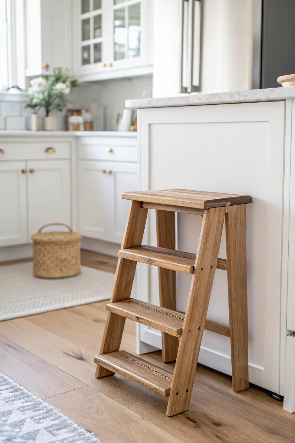A slim wood step stool tucked by the fridge makes ceiling cabinets easy—and looks chic.