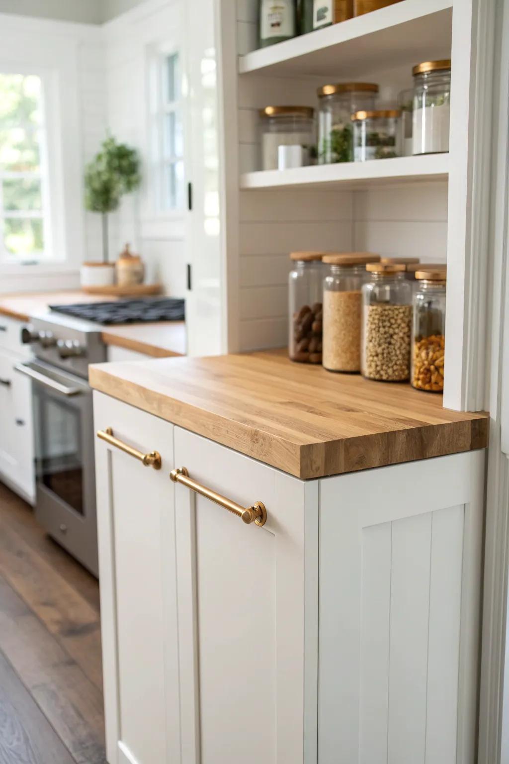 A tiny oak countertop inside the pantry turns a cramped closet into a sleek restock station.