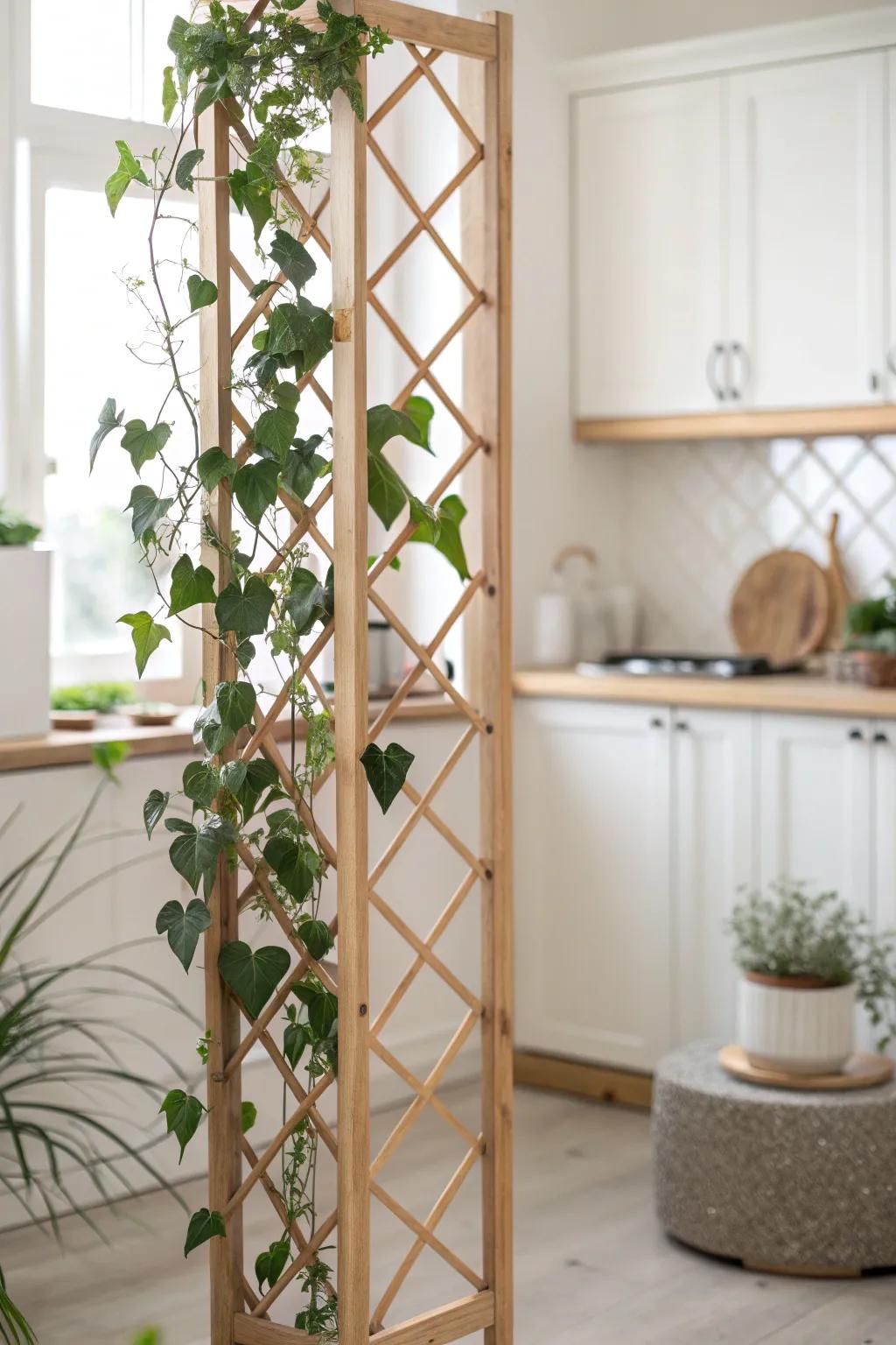 A trellis divider with climbing vines: airy, handcrafted, and perfect for zoning a tiny kitchen.