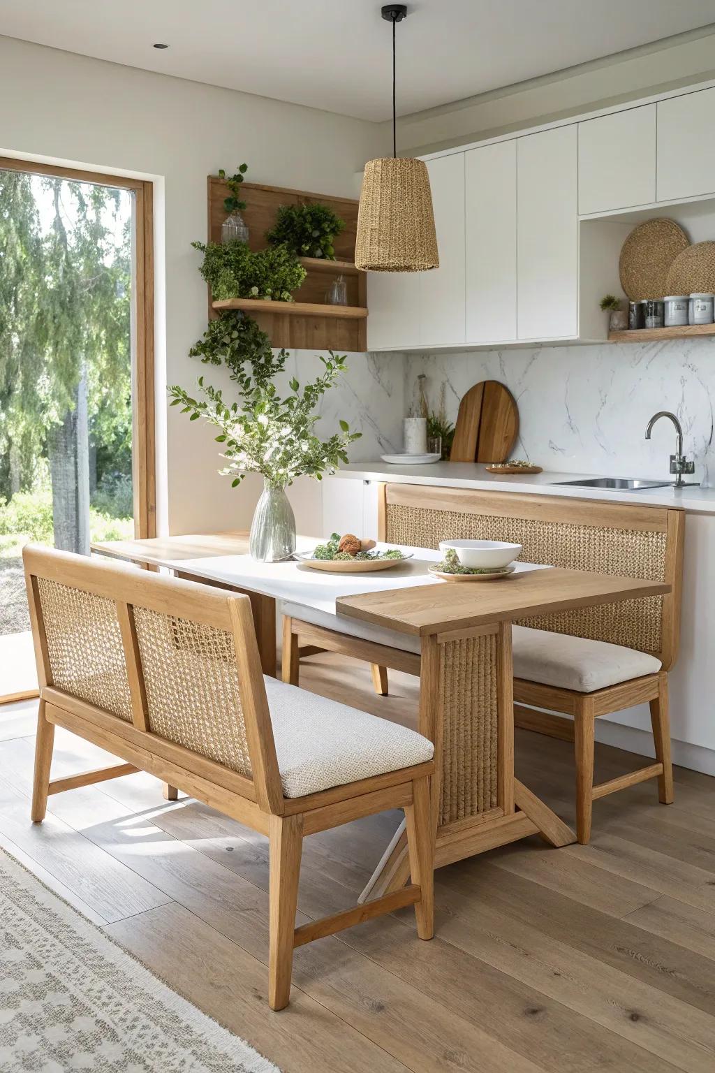 Space-smart island with built-in bench—cozy breakfast nook vibes for tiny kitchens.