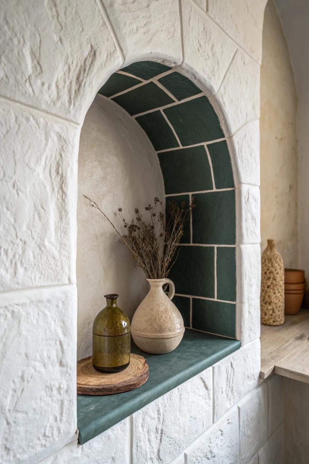 An arched niche with a dark backdrop turns one oil bottle + vase into a chic focal point.