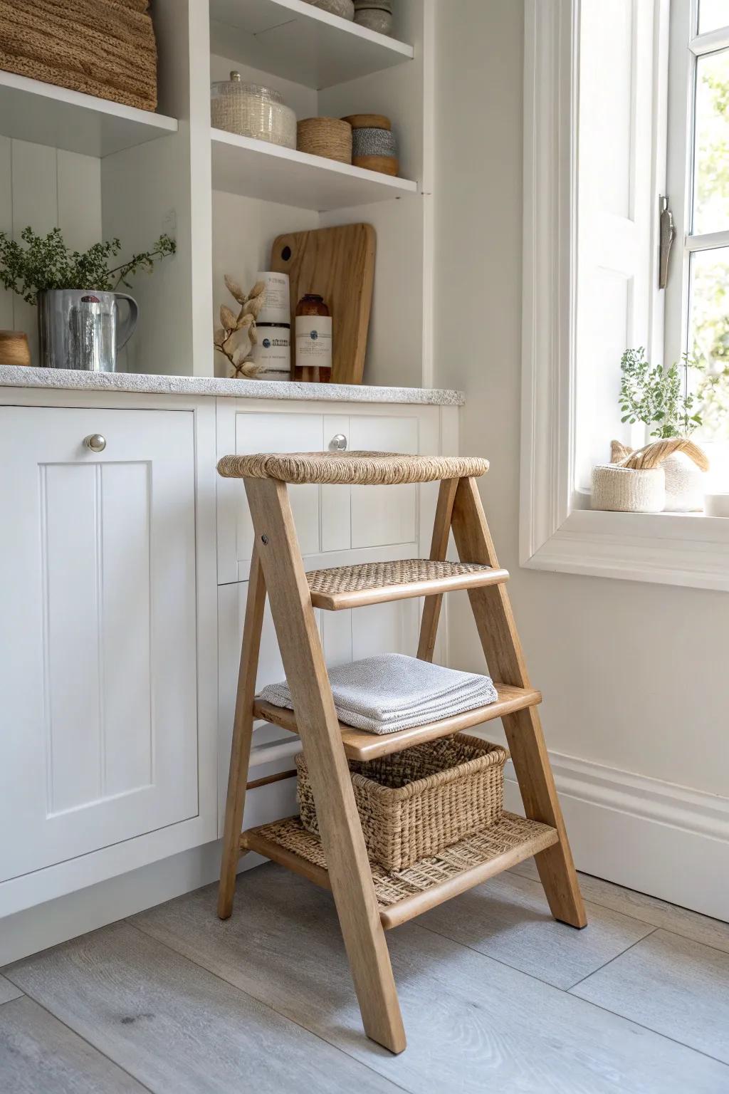 A slim step stool stored in the pantry keeps top shelves reachable—and prevents “toss it up there” clutter.