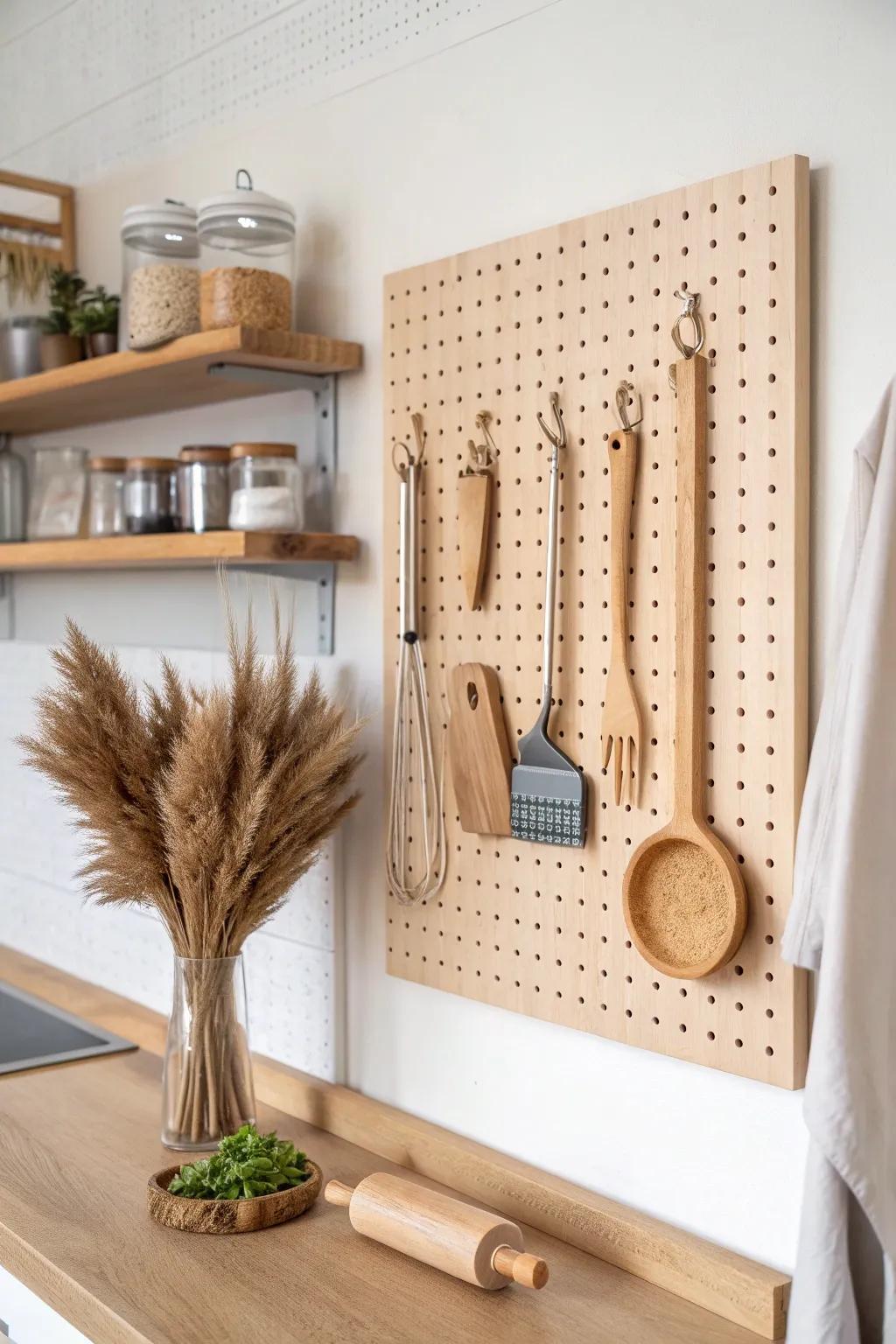 Turn that awkward corner into vertical storage with a chic wraparound kitchen pegboard.