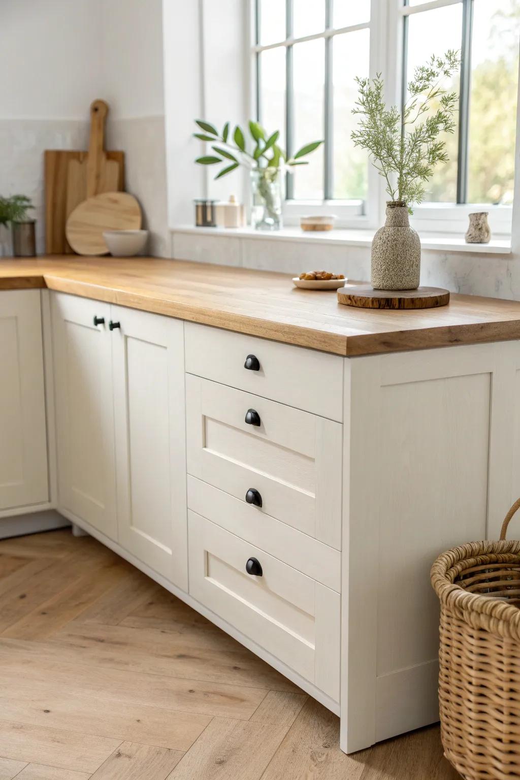 A broken L counter keeps the kitchen open—shorten one leg to free up busy walkways.