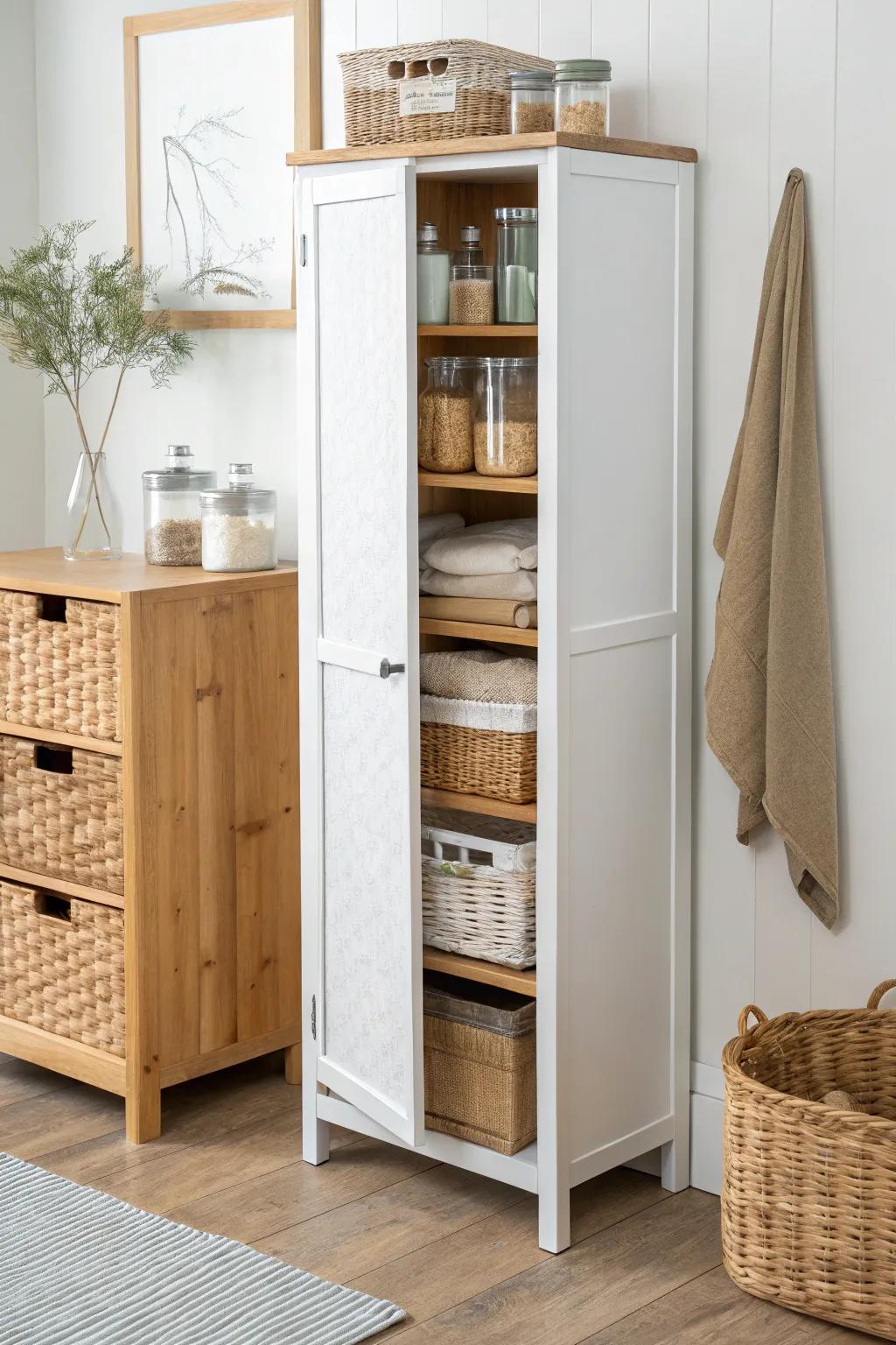A dedicated slim refill cabinet keeps laundry backups tidy, stacked safely, and beautifully minimal.