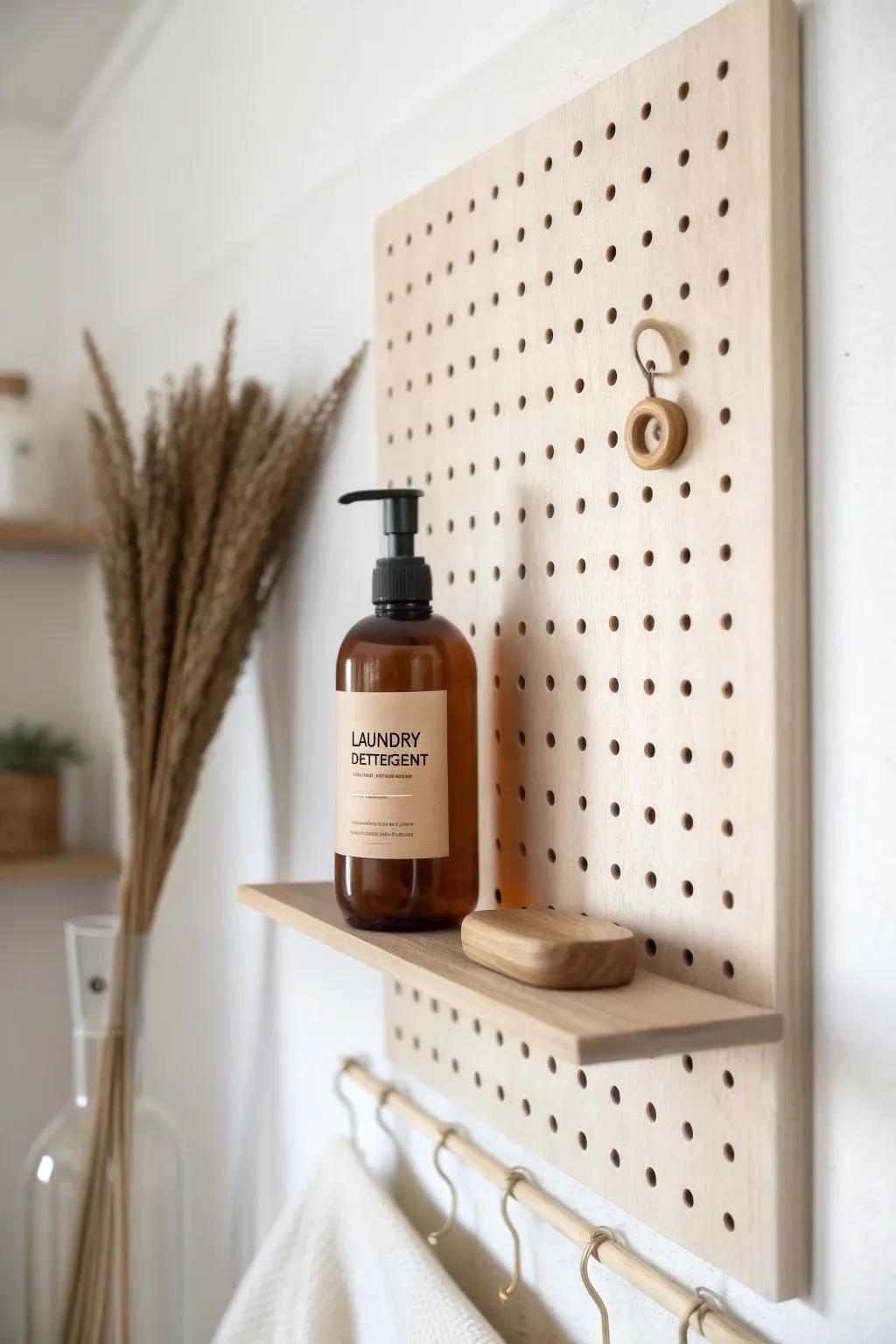 A pretty pegboard “detergent station” that frees up counter space in a tiny laundry nook.