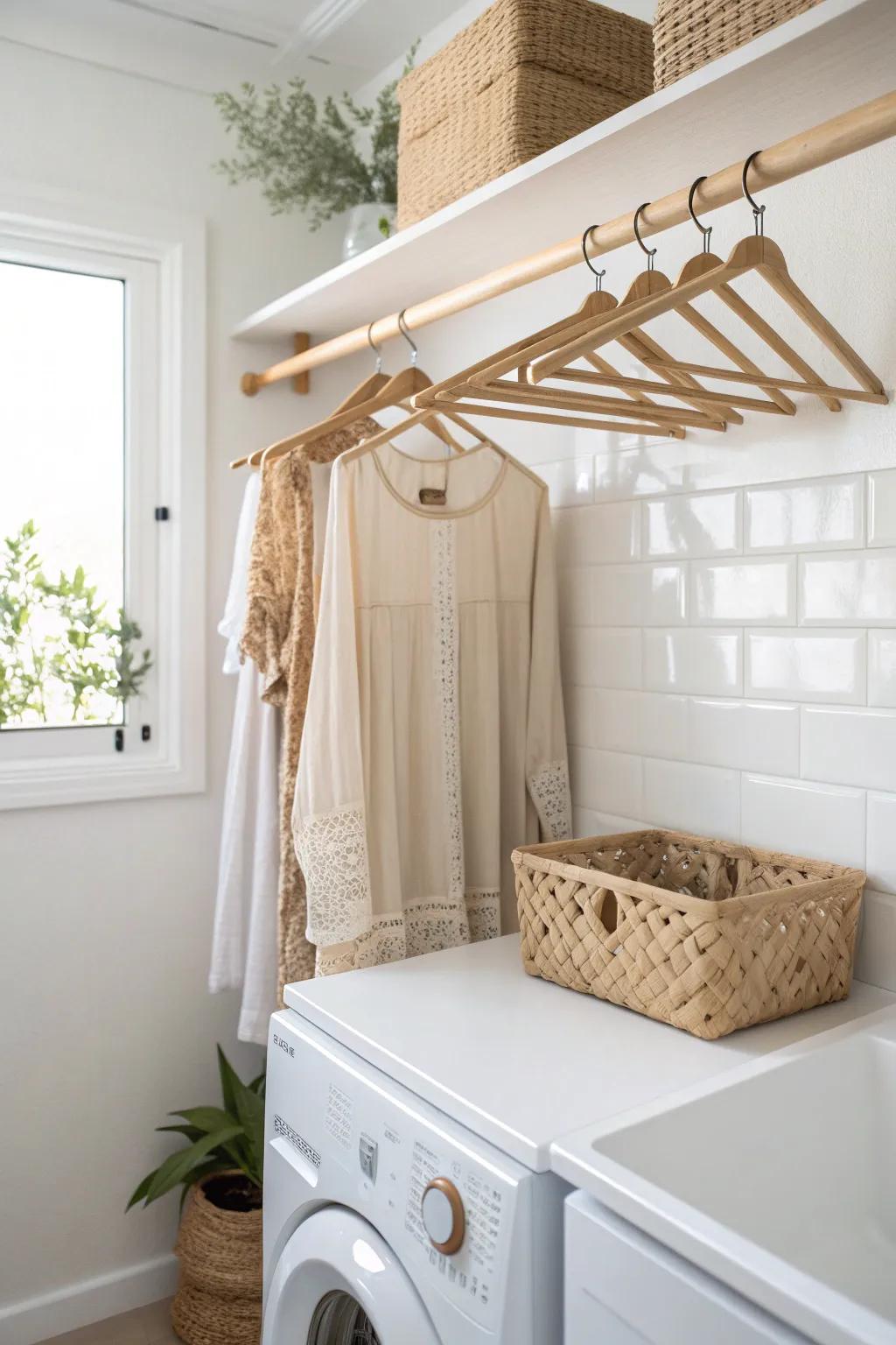 A simple oak drying rail keeps delicate laundry tidy and beautiful above a compact kitchen counter.