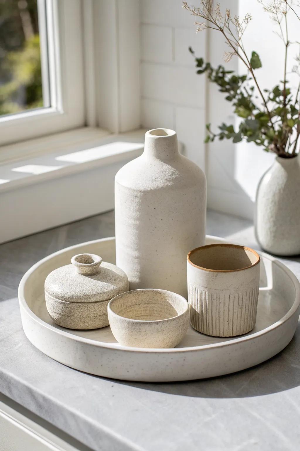 Monochrome lazy susan styling: matching containers + one sculptural vase for instant calm.