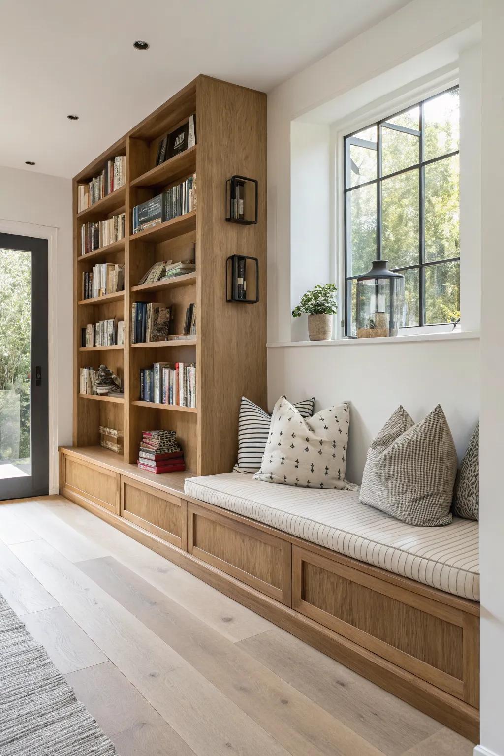 Warm oak banquette library nook with built-in shelving—minimal, cozy, and beautifully crafted.
