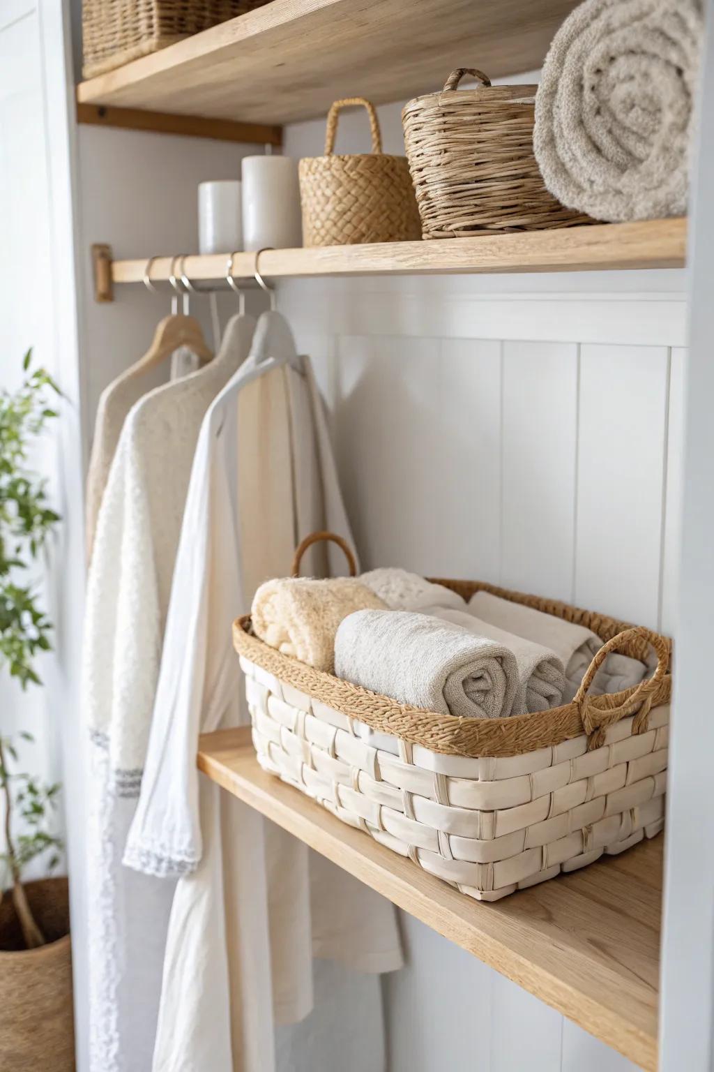 Add instant space with an under-shelf basket—perfect for washcloths and small towels.