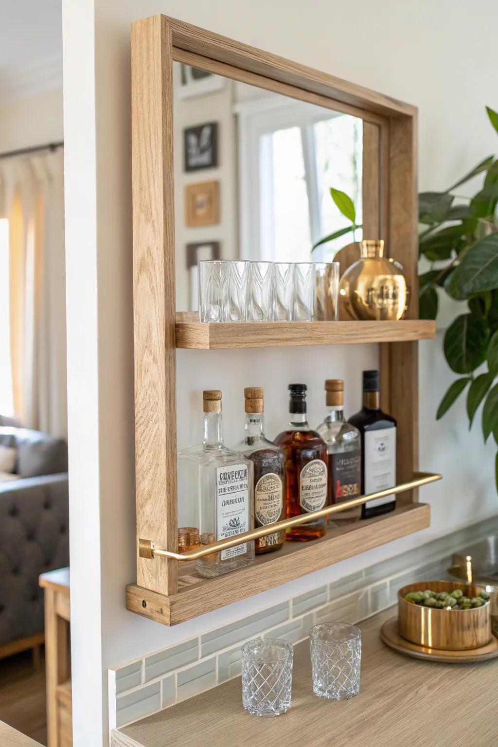 A mirror-back bar shelf that doubles the space and makes every bottle glow beautifully.