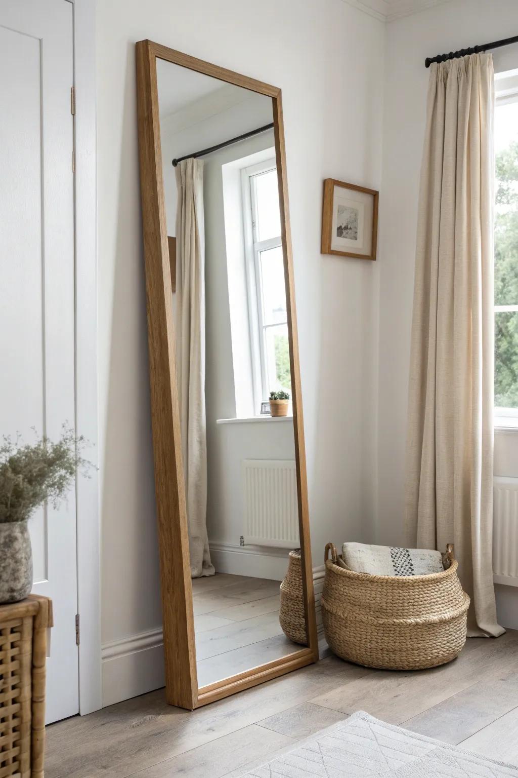Mirrored closet doors bounce light and instantly make a small living room feel wider.