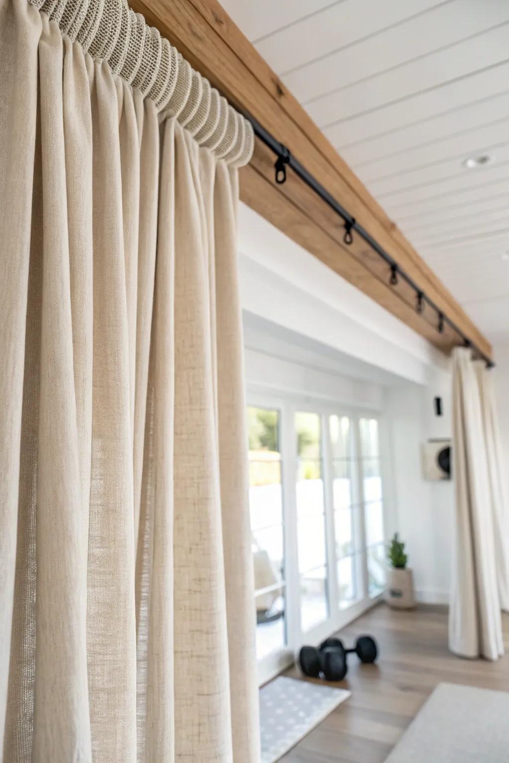 A ceiling-track linen curtain that glides shut—instantly hiding your living room workout nook.