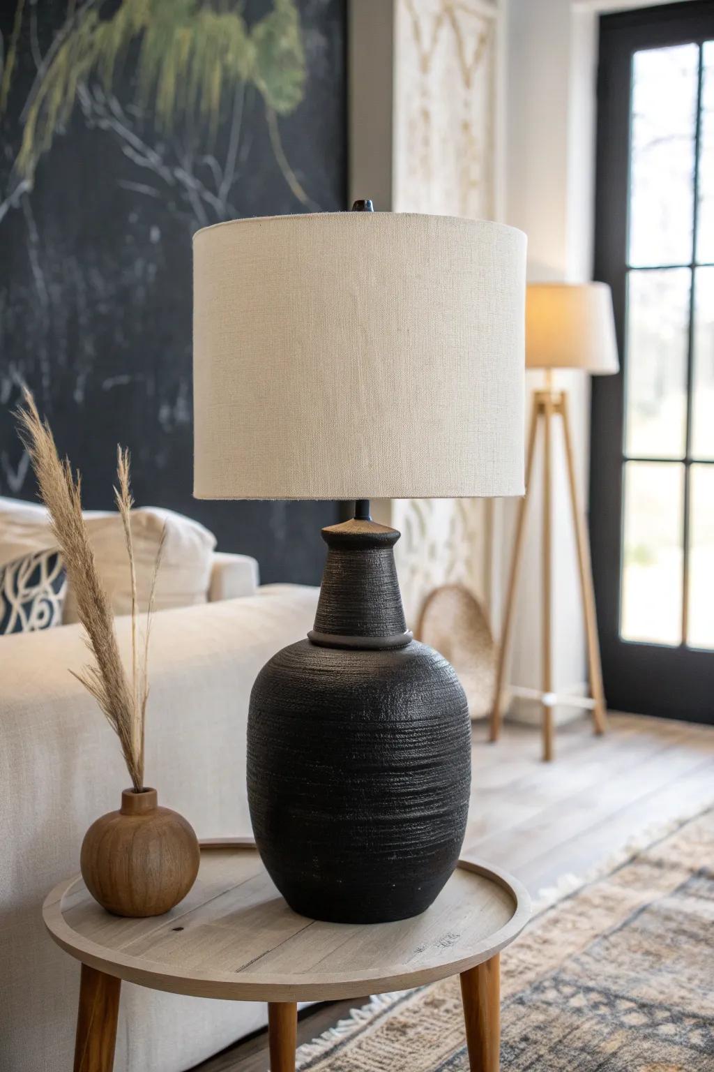 Black accent wall vibes: repeat the black in a lamp for bold contrast with light neutrals.