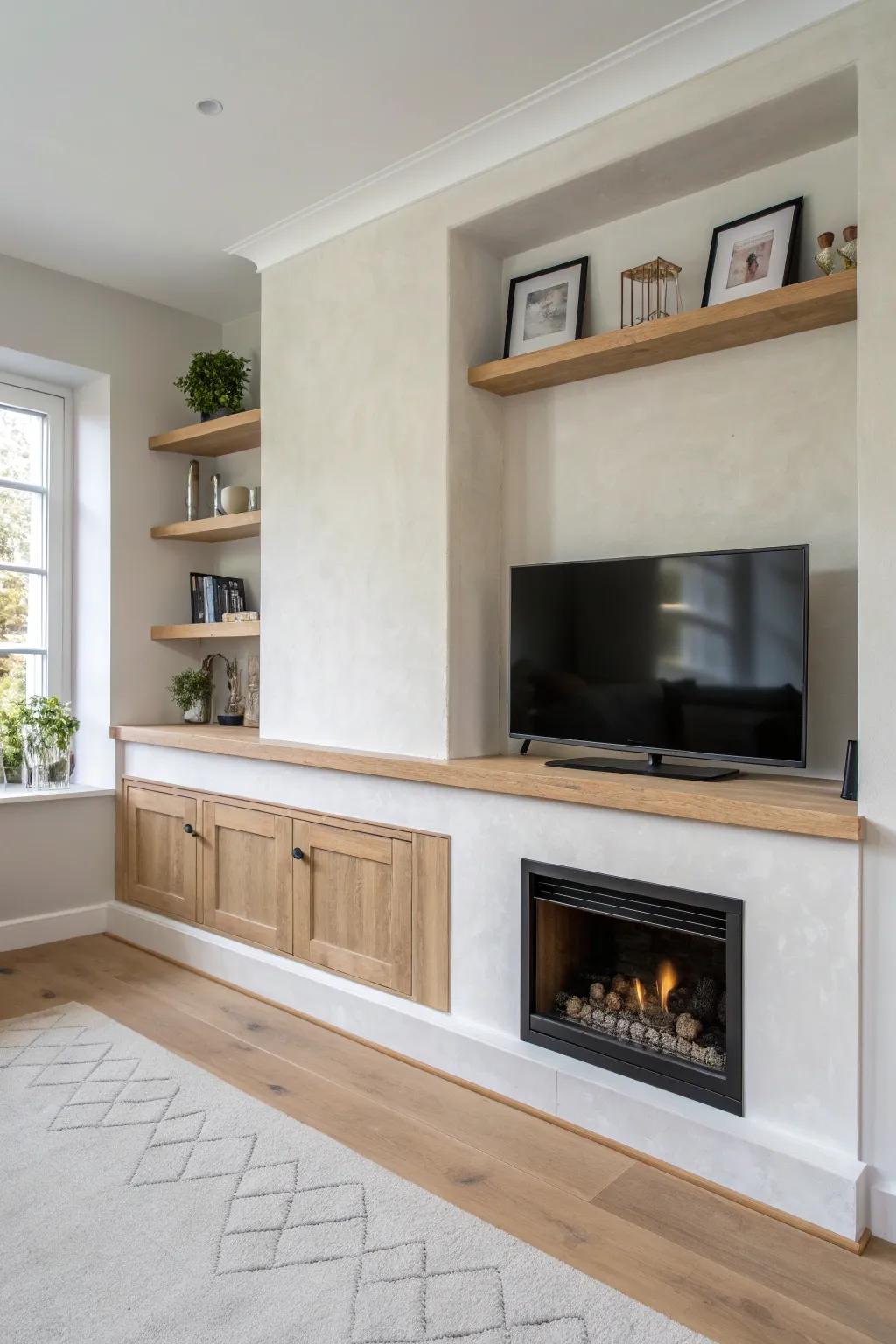 Recess your TV into a slim niche above the fireplace for a flush, shadow-free built-in look.
