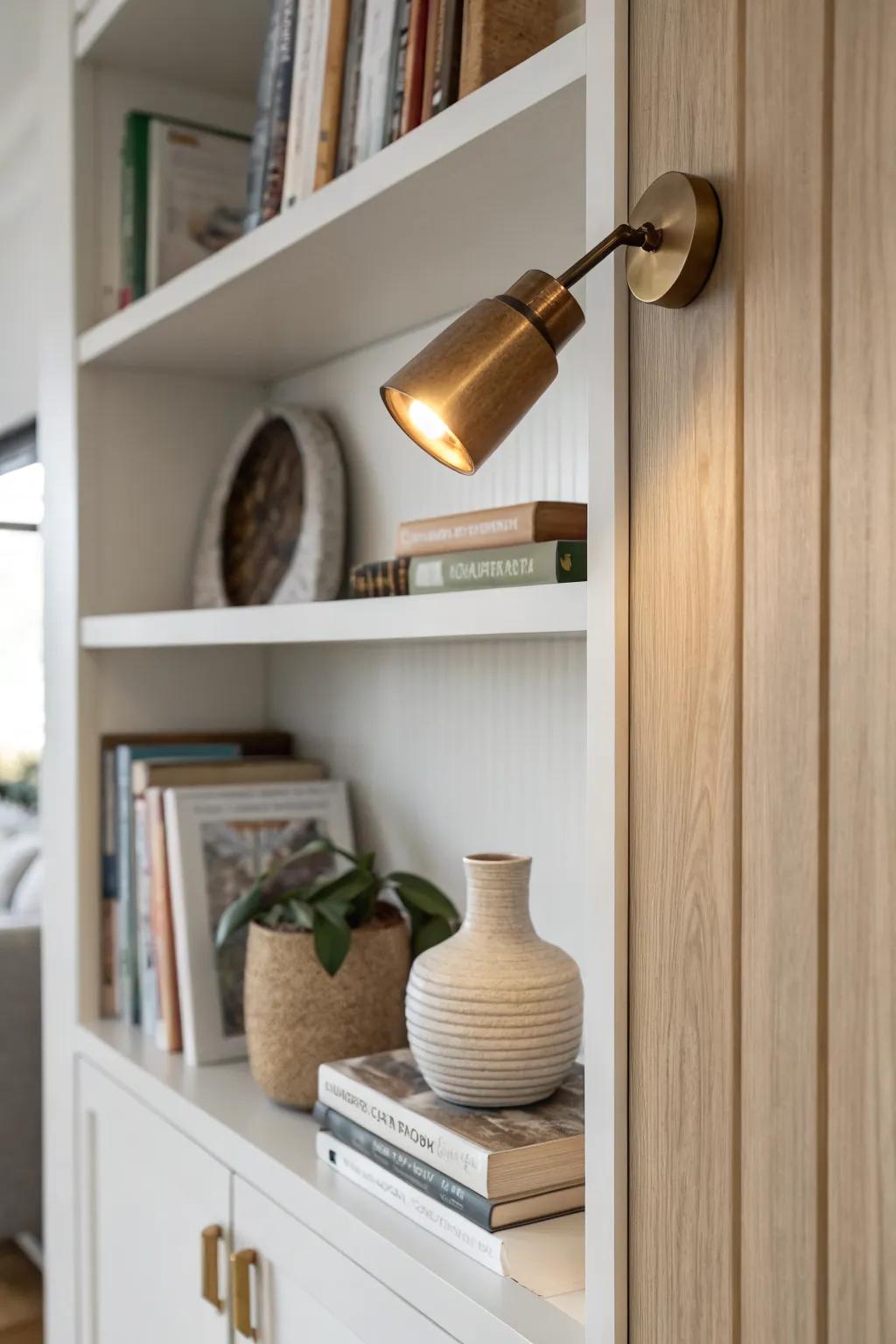 A warm mini spotlight makes your bookshelf feel like a feature wall, not just storage.