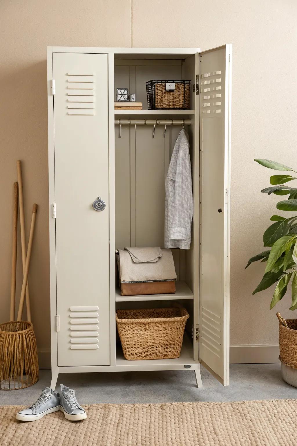 Clean locker layout: one calm backdrop, two organizers, and a shelf plan that stays effortless.