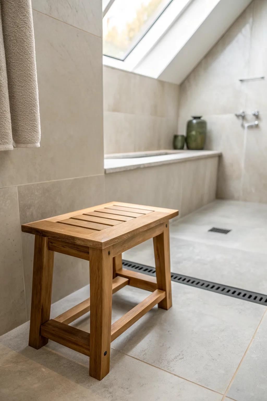 A teak shower stool on a seamless curbless wet-room floor makes a loft bath feel larger.
