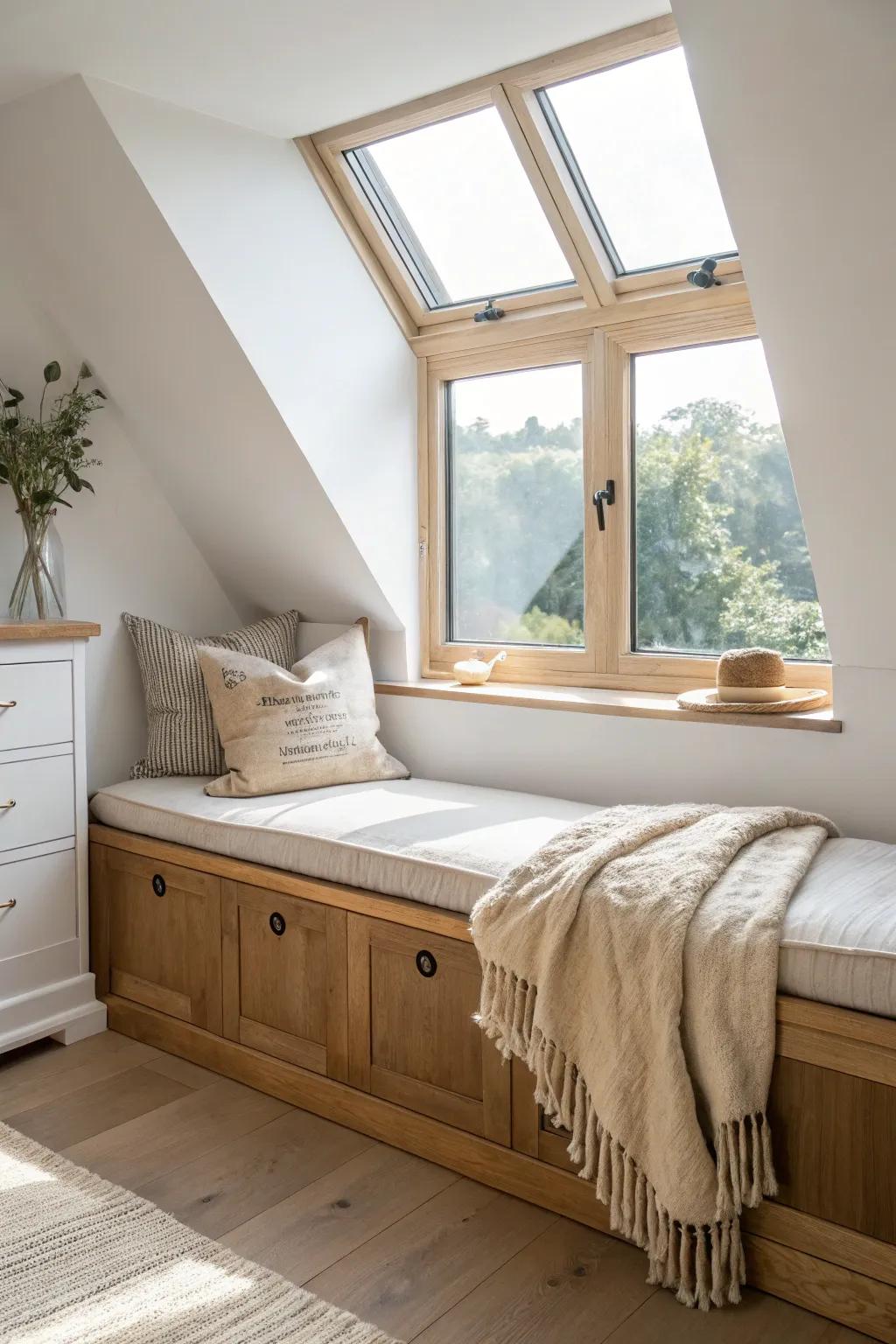 A loft-friendly window seat with hidden storage—minimal, warm, and beautifully practical.