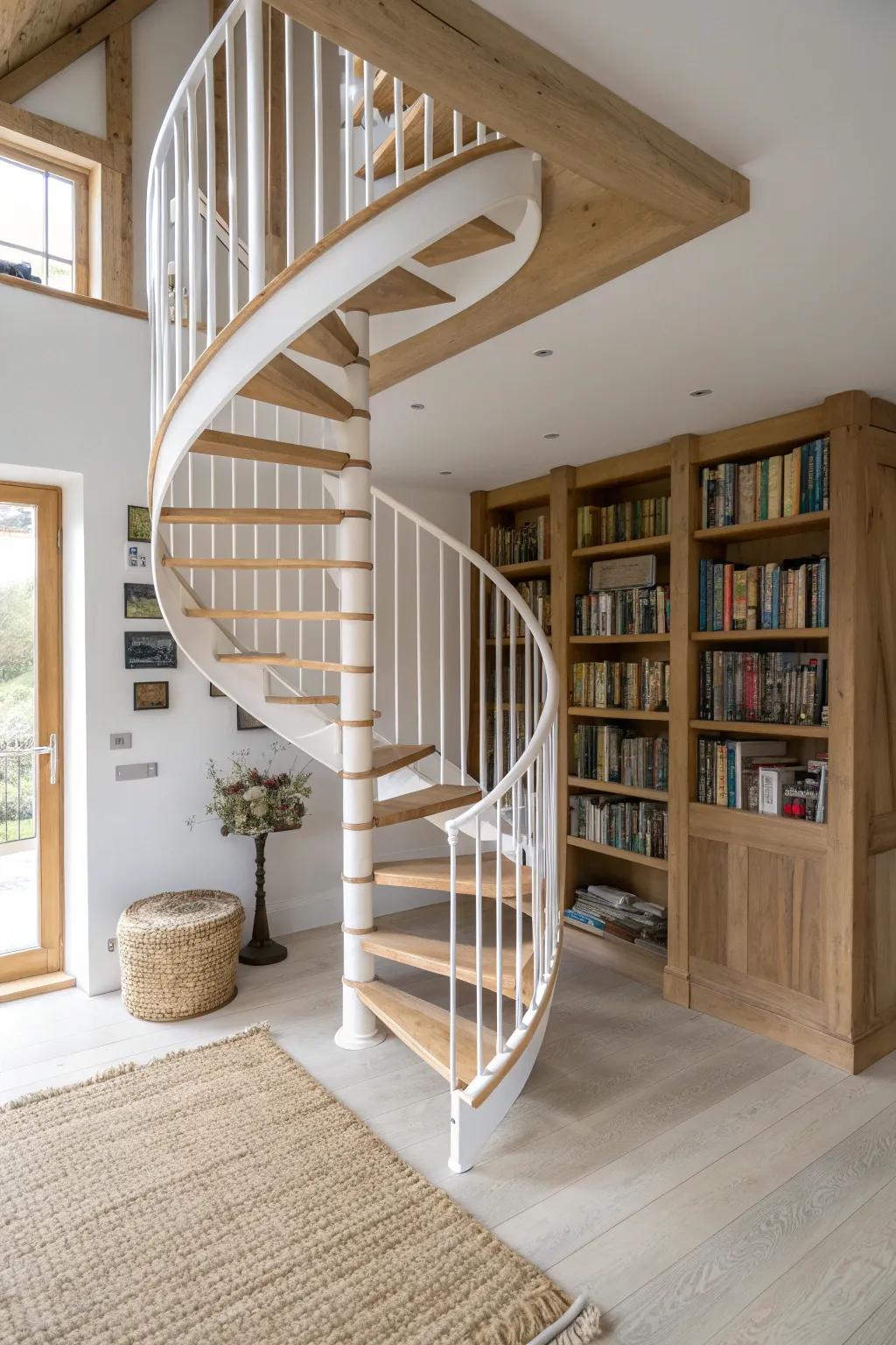 A space-saving spiral stair that adds loft access and frees room for one more shelf run.