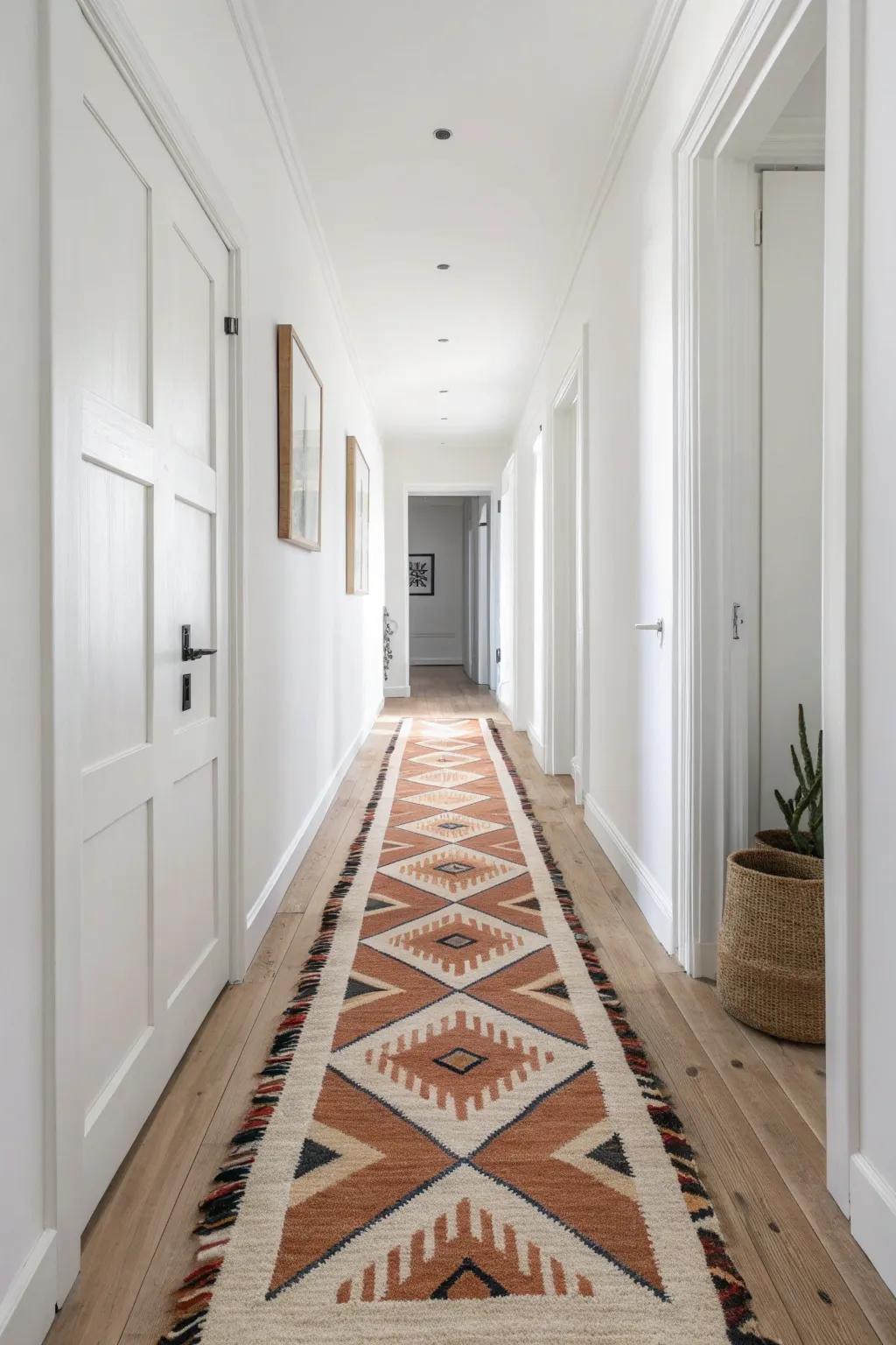 A bold oversized motif runner turns a long hallway into walk-through floor art.