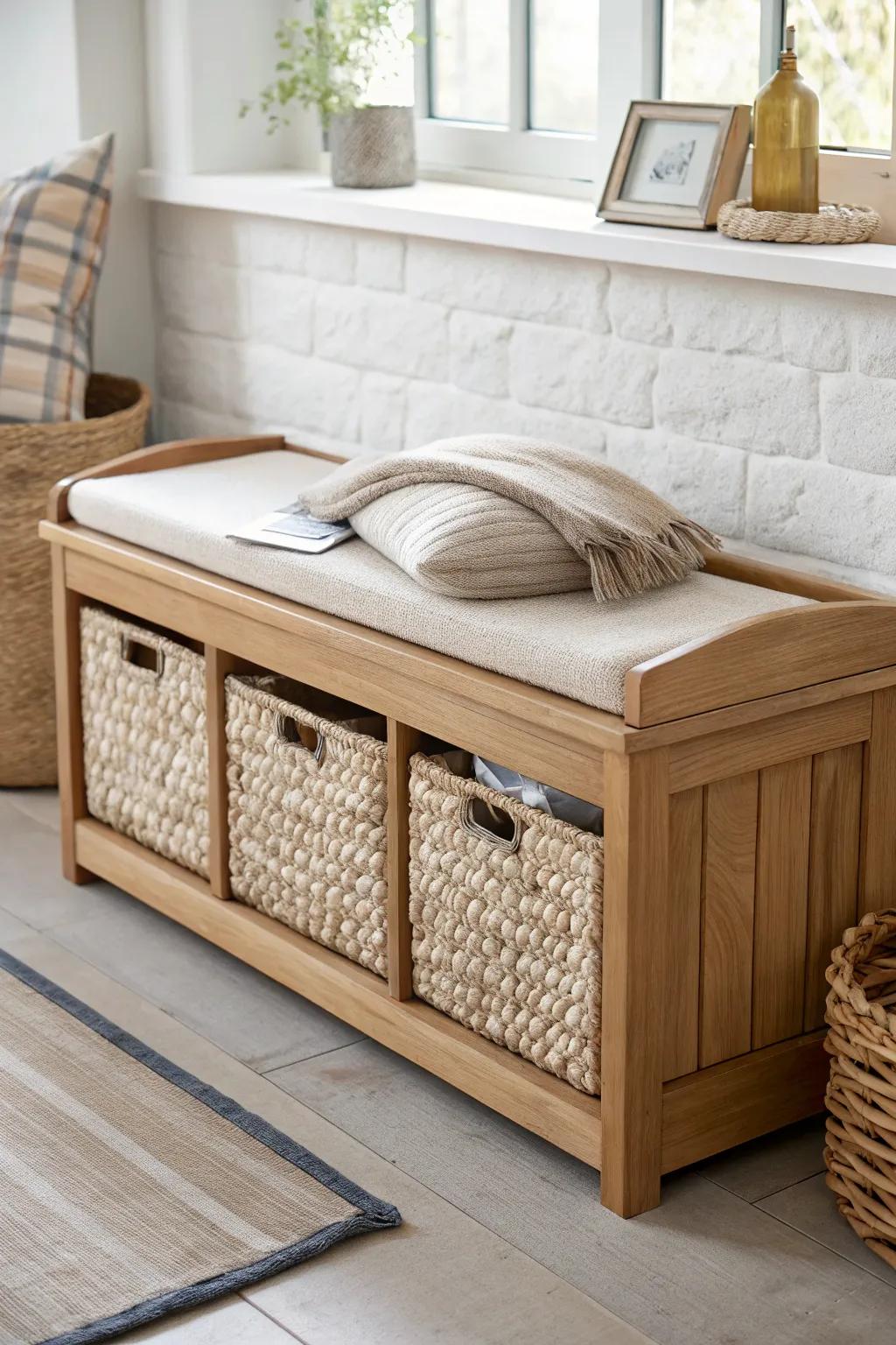 Low toy storage with woven bins keeps a long, narrow basement kids corner neat and calm.