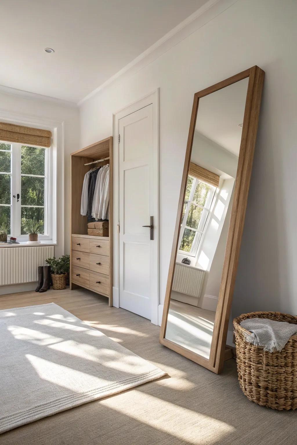 A slim mirror + shallow wardrobe make a serene dressing lane without stealing walkway space.