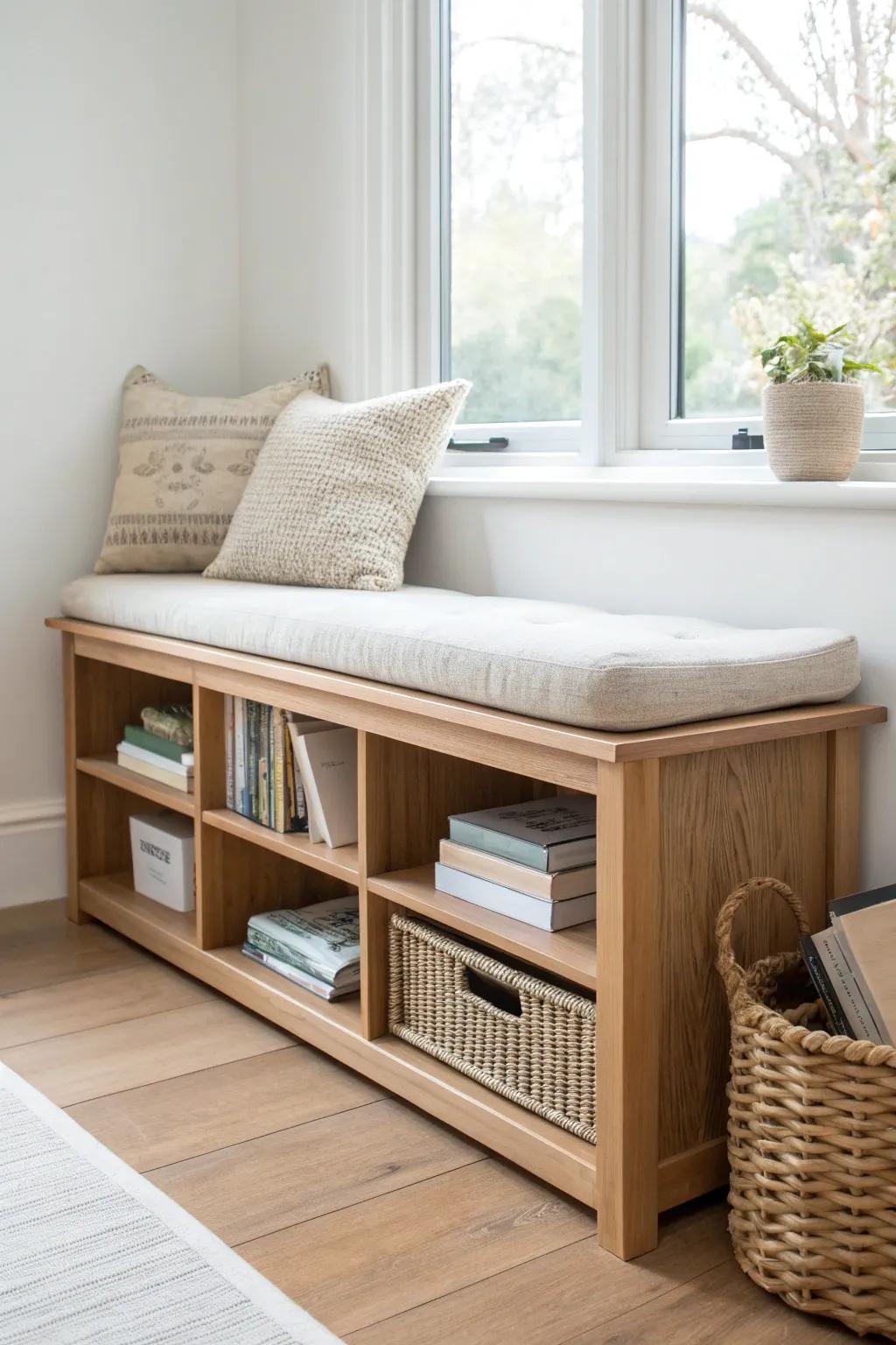 Turn a low bookshelf into a cozy window seat—cushion on top, storage underneath.