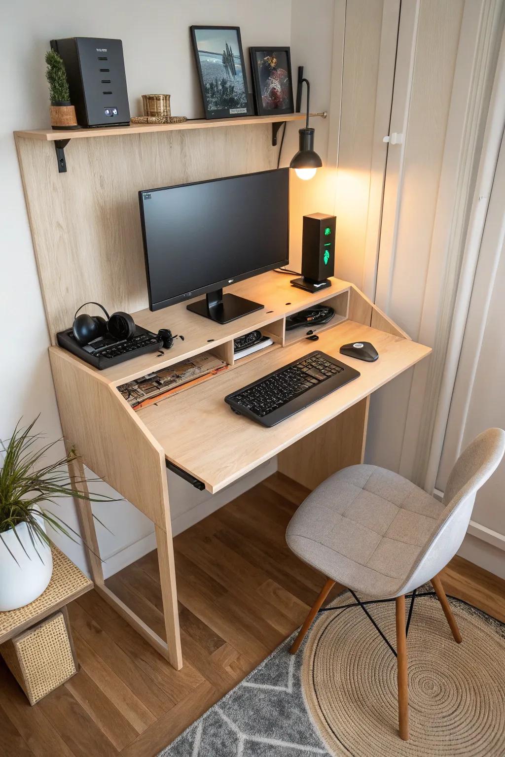 Budget micro gaming desk nook: a slim wall desk turns any corner into a calm command center.