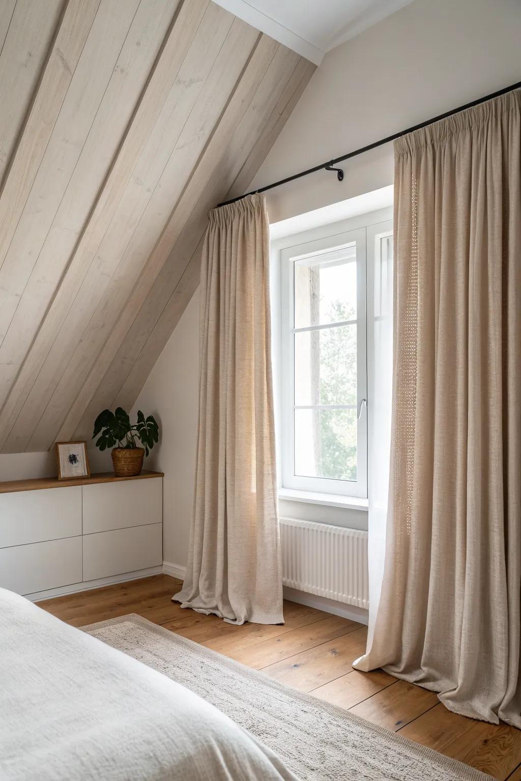 A ceiling-mounted linen curtain creates a sleek closet wall for low-ceiling bedrooms.
