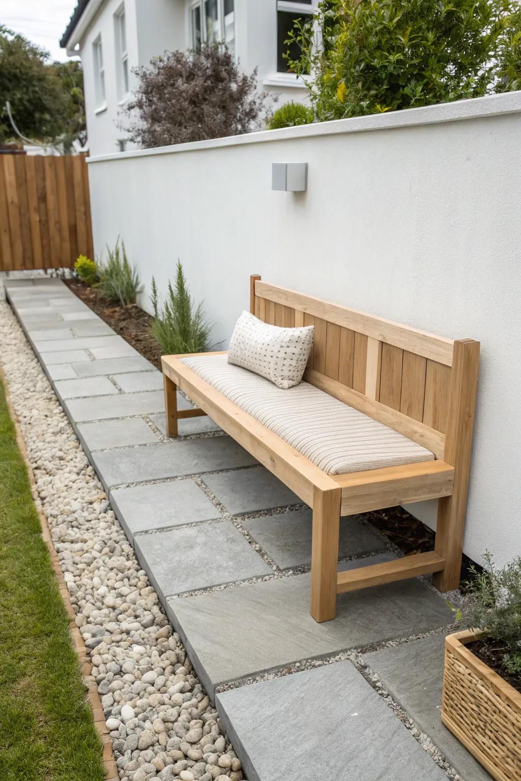 Edge built-in bench + gravel = clutter-free seating for a chic, no-grass small backyard.