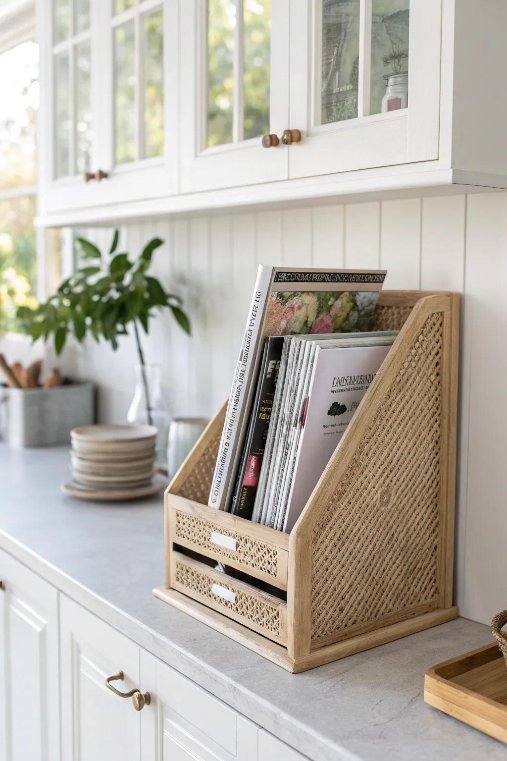 A sleek magazine file in a kitchen cabinet keeps recipes handy and pages safe from splatters.