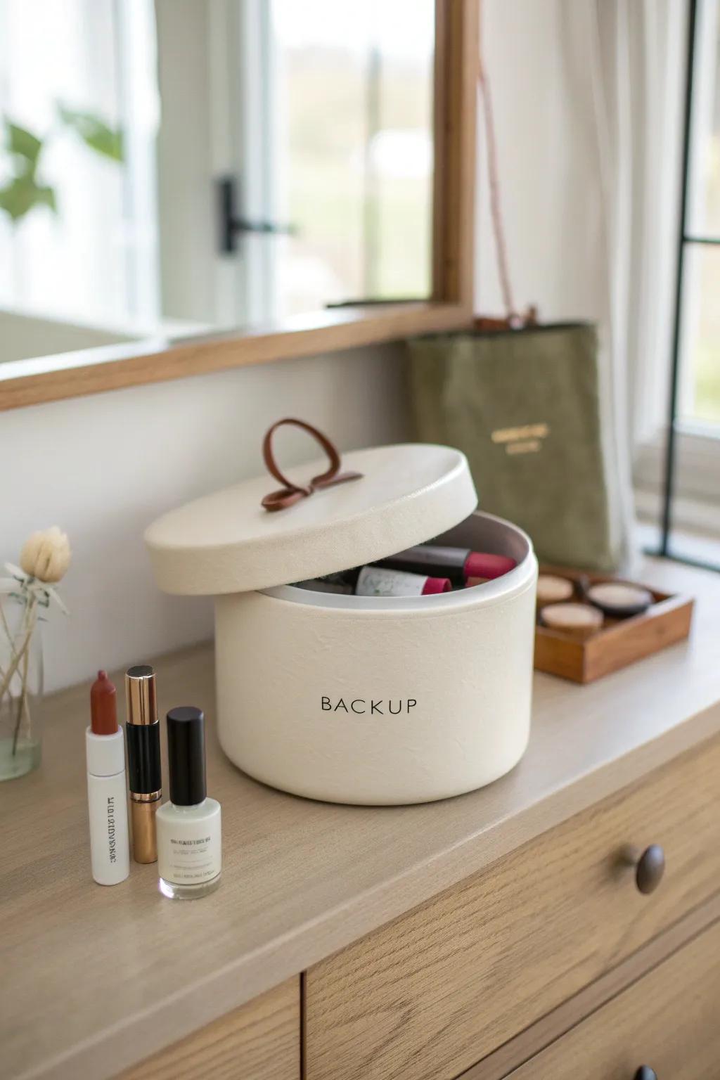 Keep backup makeup in one lidded bin—cool, dry, and beautifully out of the way.