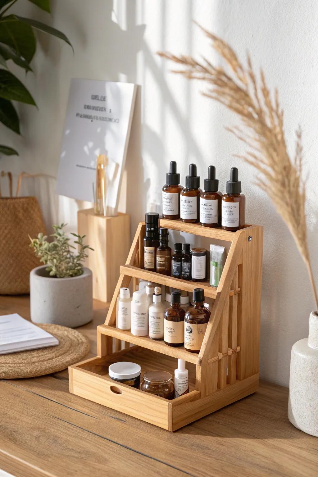 Use a tiered spice rack to line up foundations and skincare—labels visible, vanity instantly tidy.