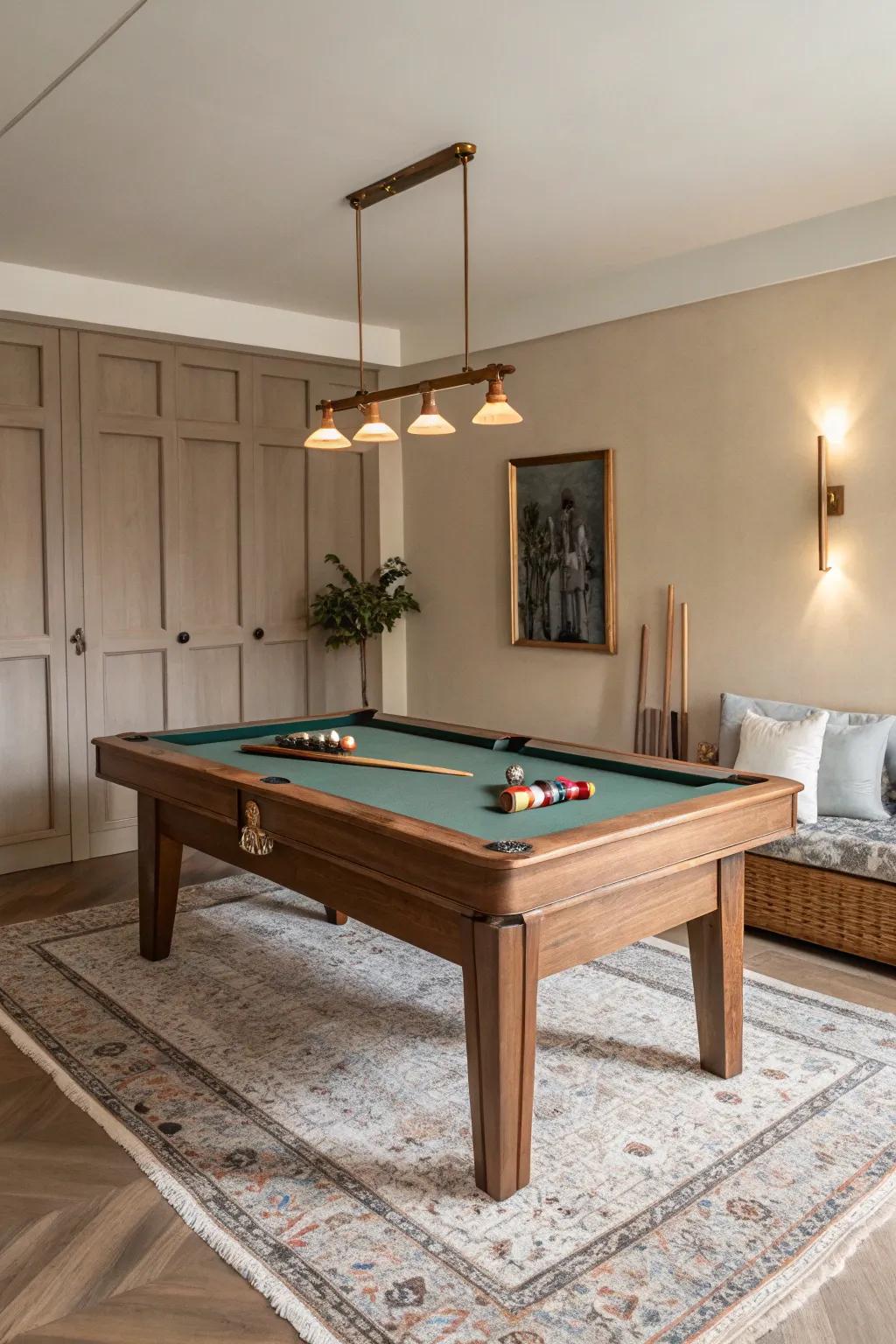 Warm wood and soft sconces turn a compact pool table corner into a cozy basement-style retreat.