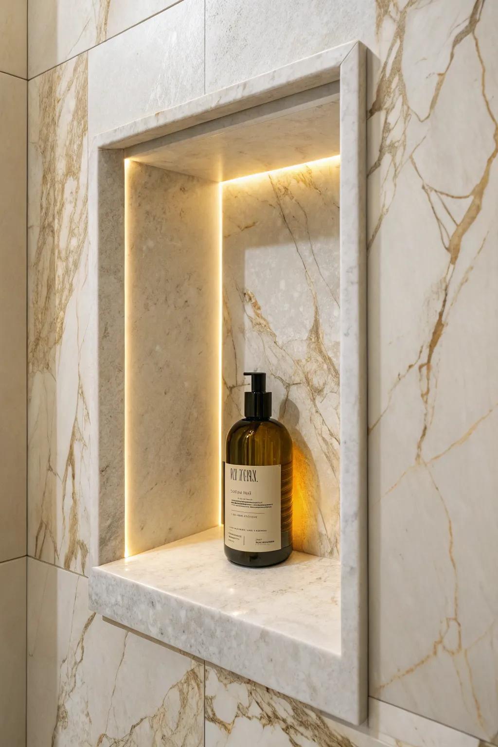 A warm backlit marble niche that highlights veining and brightens small showers—pure spa glow.