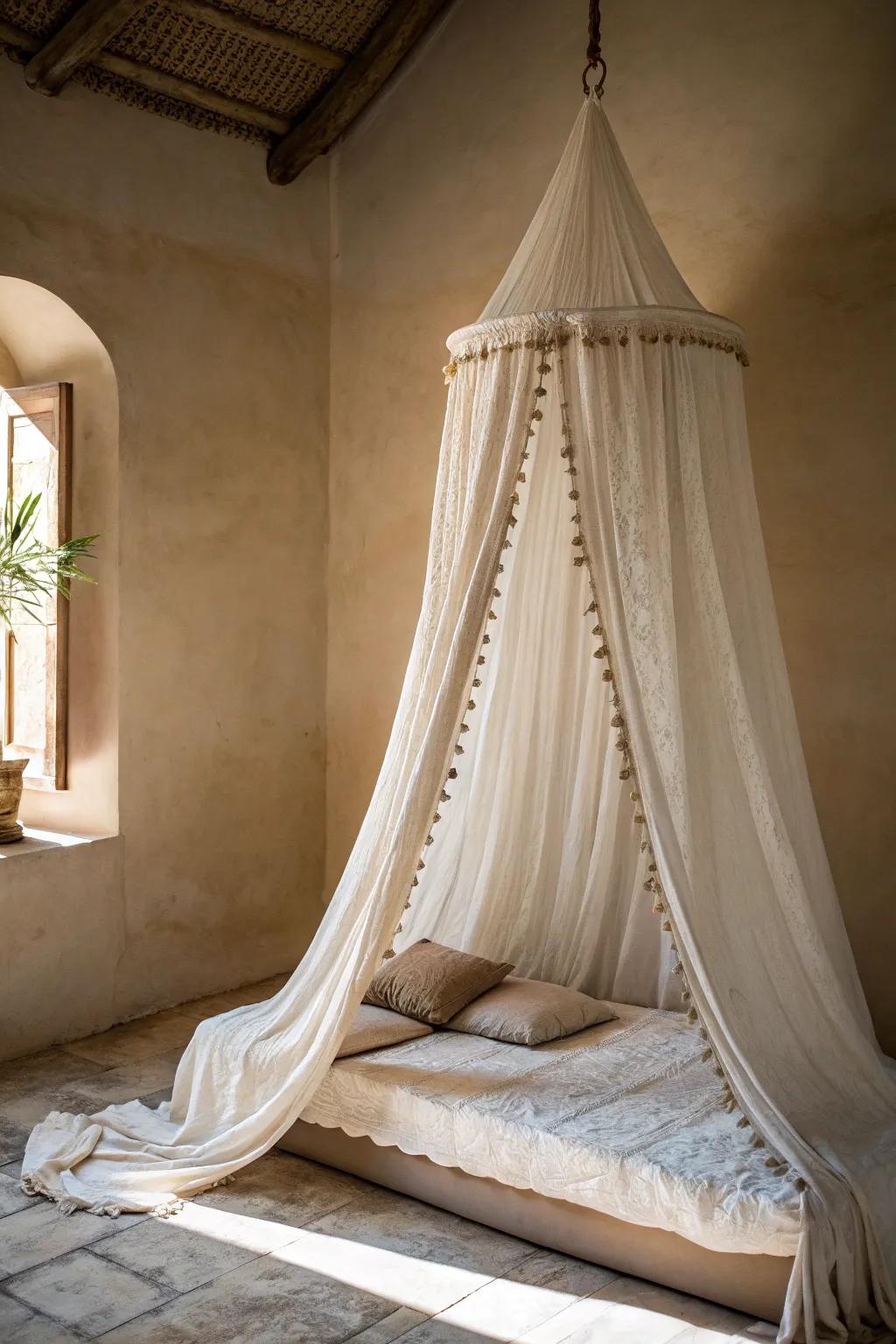 A floating linen canopy adds instant romance and height to a mattress-on-the-floor setup.