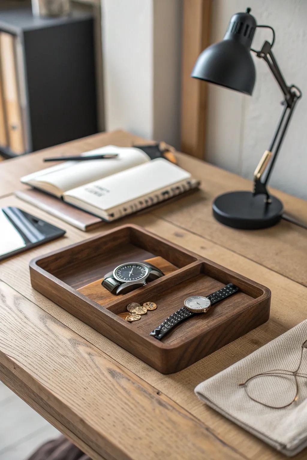 A sharp mini office: one handcrafted valet tray keeps your compact desk intentional.