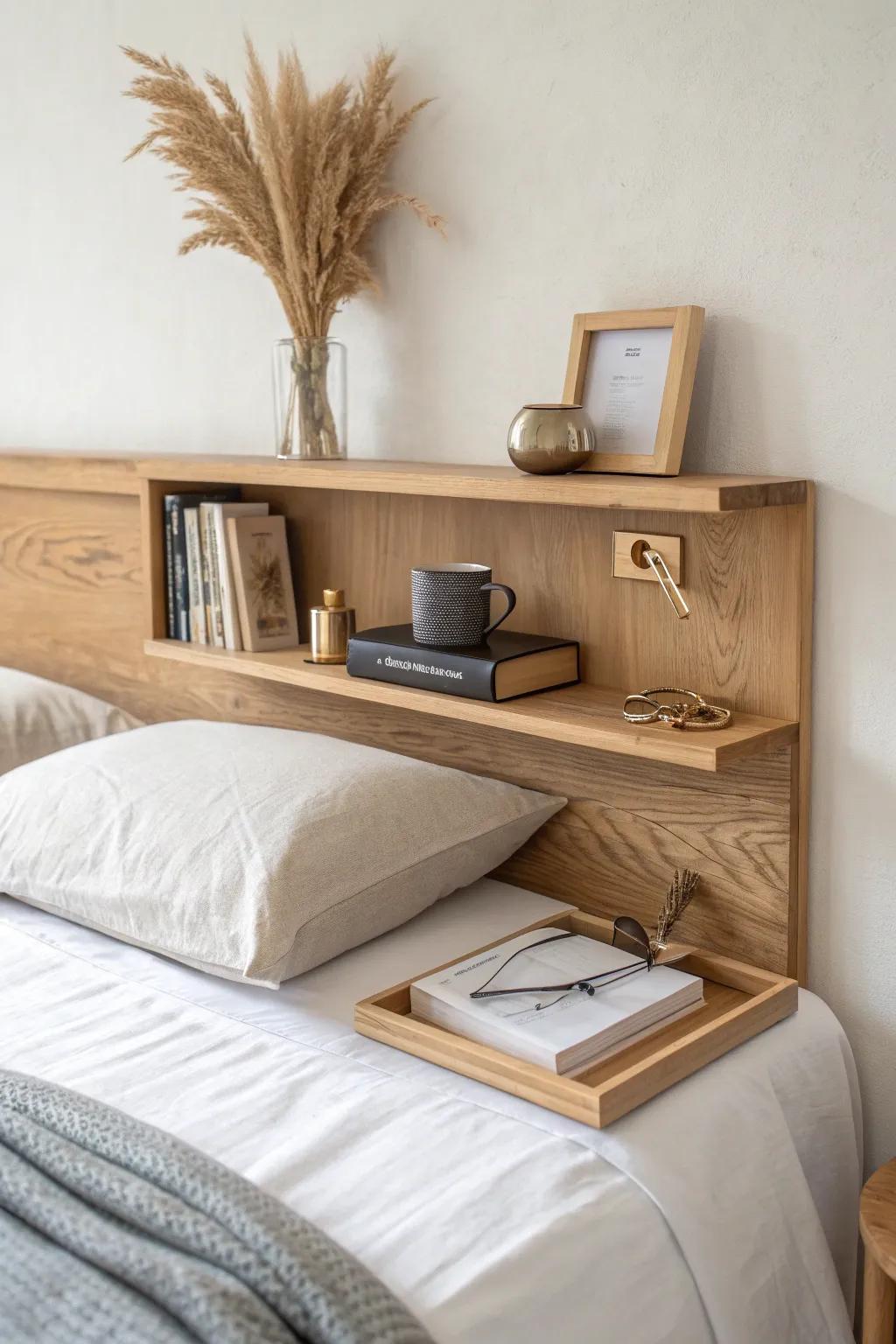 A slim floating shelf above the bed adds vertical storage without stealing floor space.