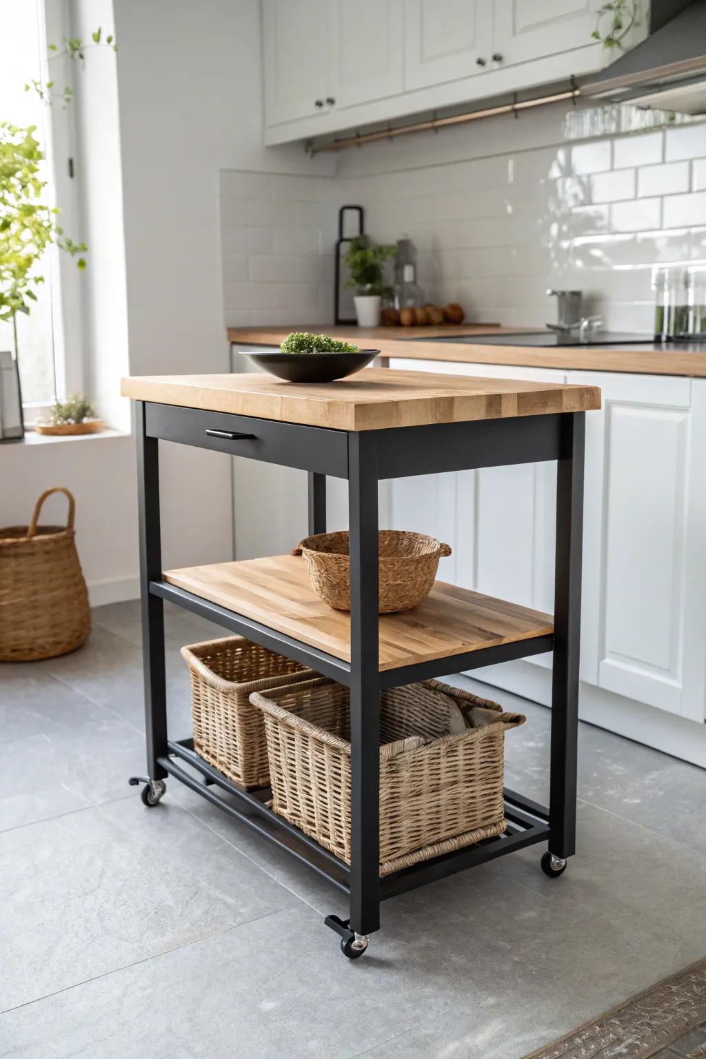 A slim rolling island adds prep space and hidden storage—perfect for a tiny studio kitchen.