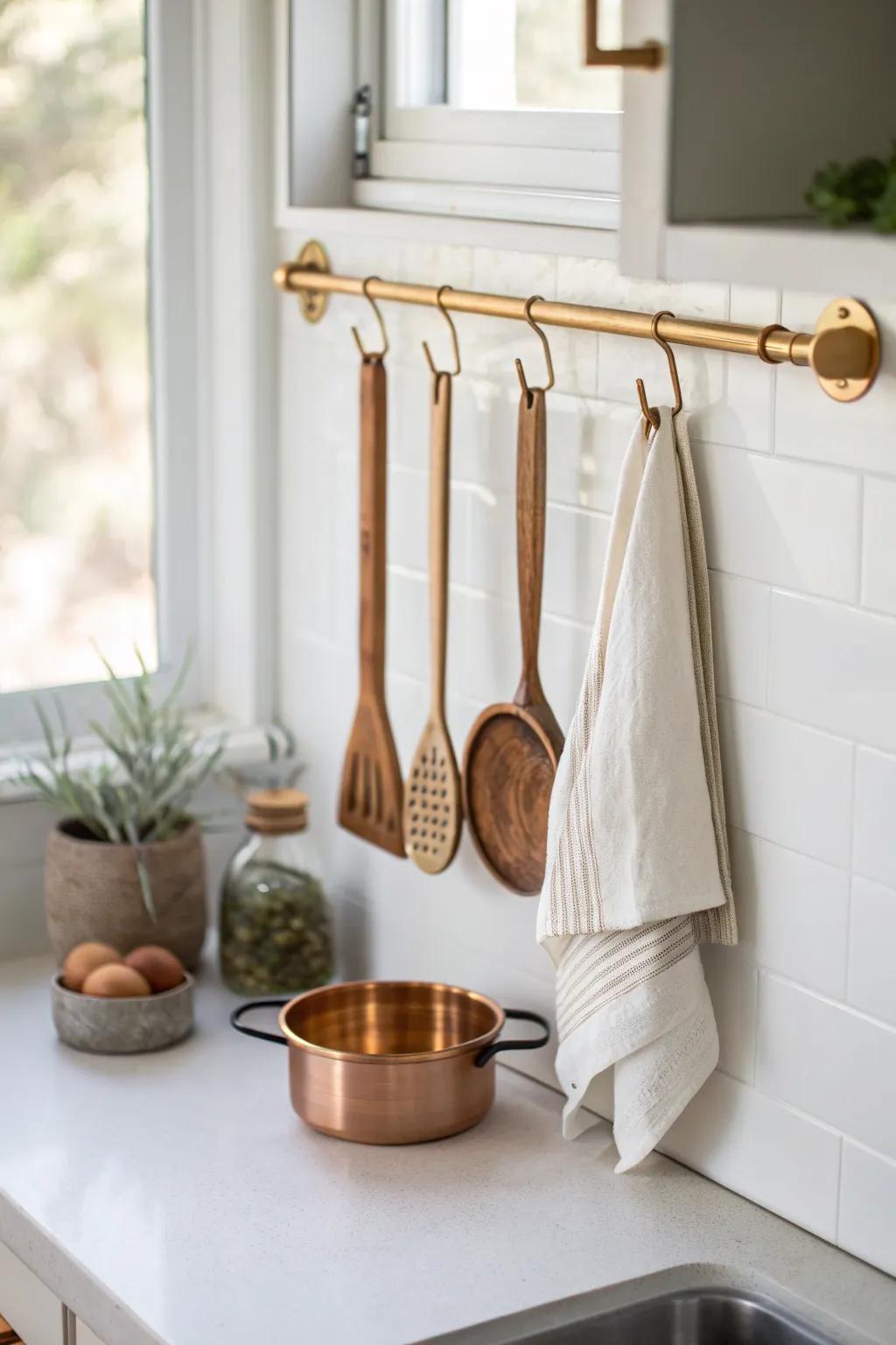 A hanging rail keeps micro‑kitchen essentials visible, tidy, and off precious counter space.