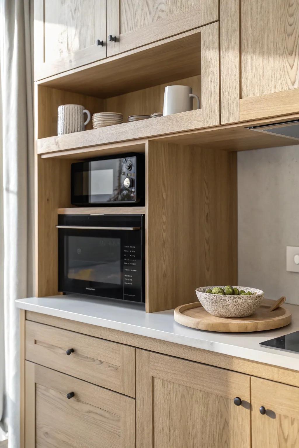 A slim landing shelf under a built-in microwave makes hot plates safer to handle.
