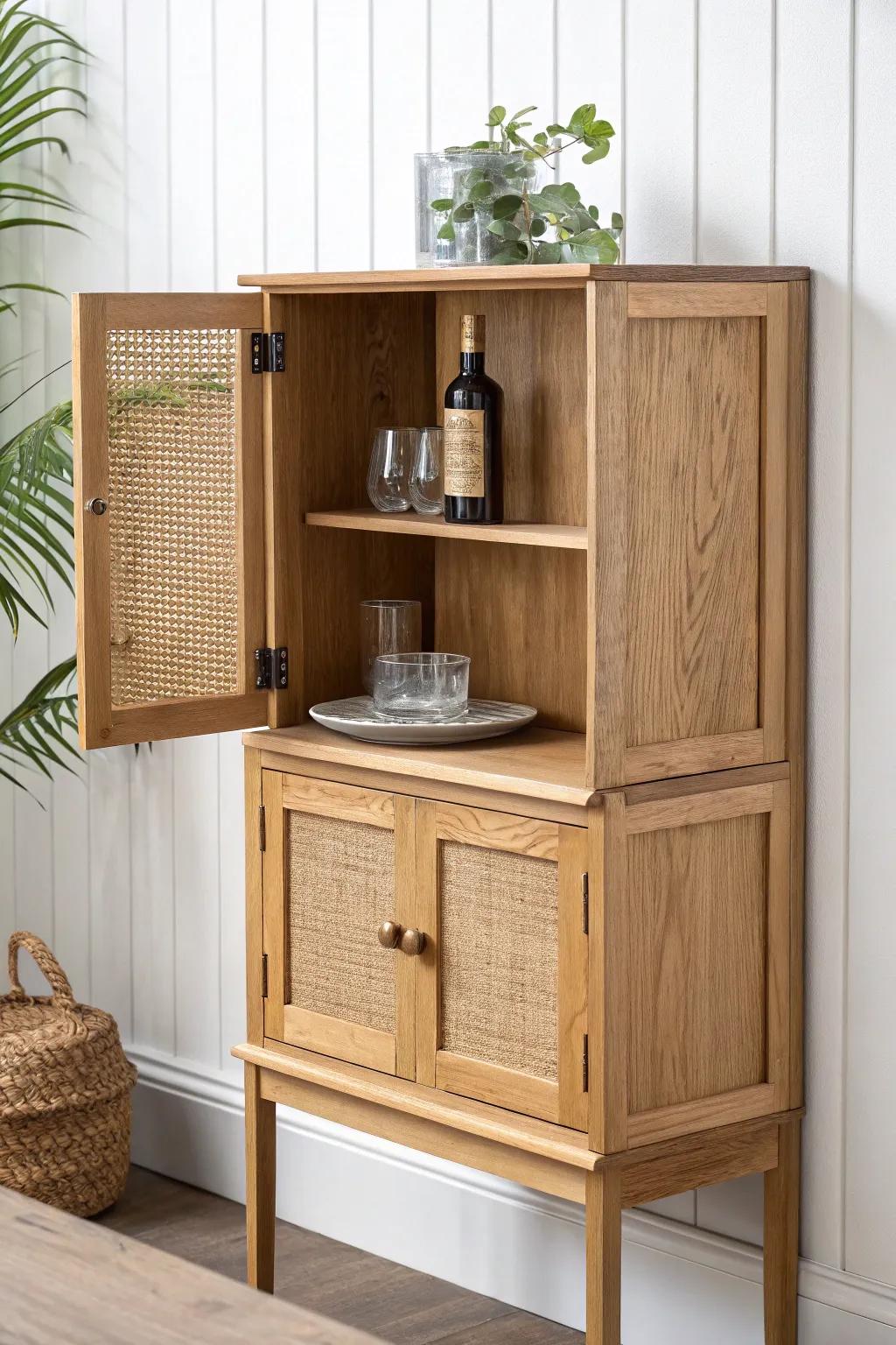 Murphy-style fold-down mini bar: a wall cabinet that opens for cocktails, then disappears.