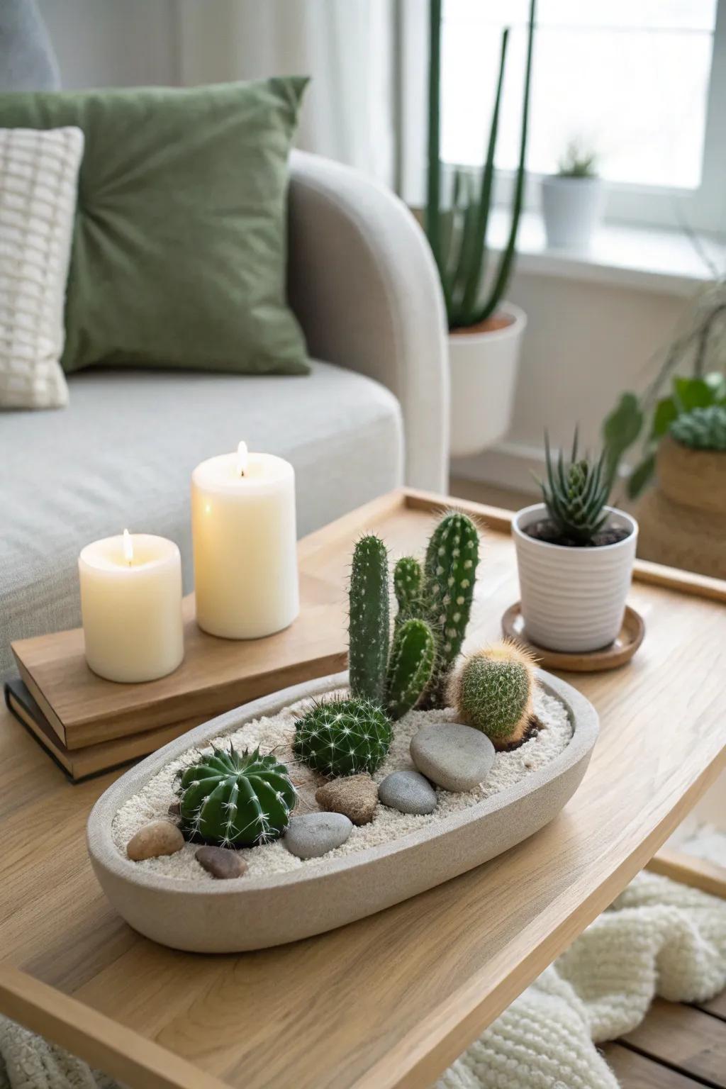 A tidy coffee-table cactus tray that creates one calm focal point in a small living room.