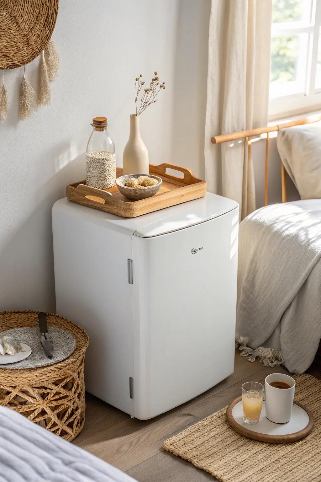 Style your mini fridge top with a tray to keep bedtime essentials neat, calm, and intentional.