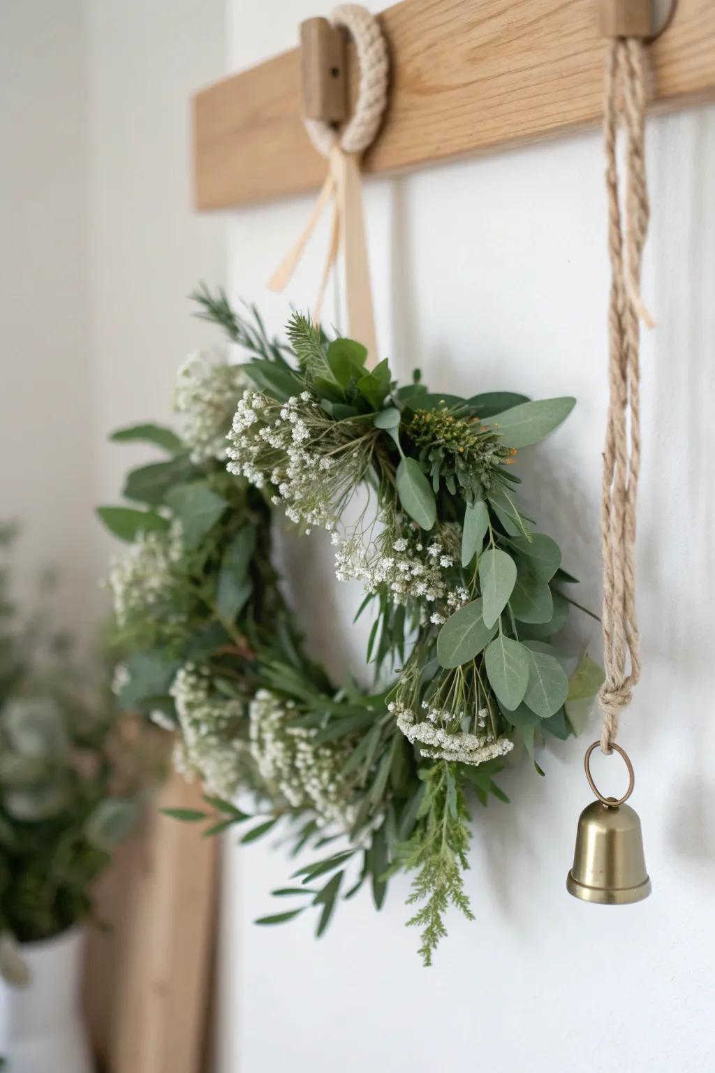 Tiny eucalyptus wreath with a single brass bell—minimal, boho, and softly festive.