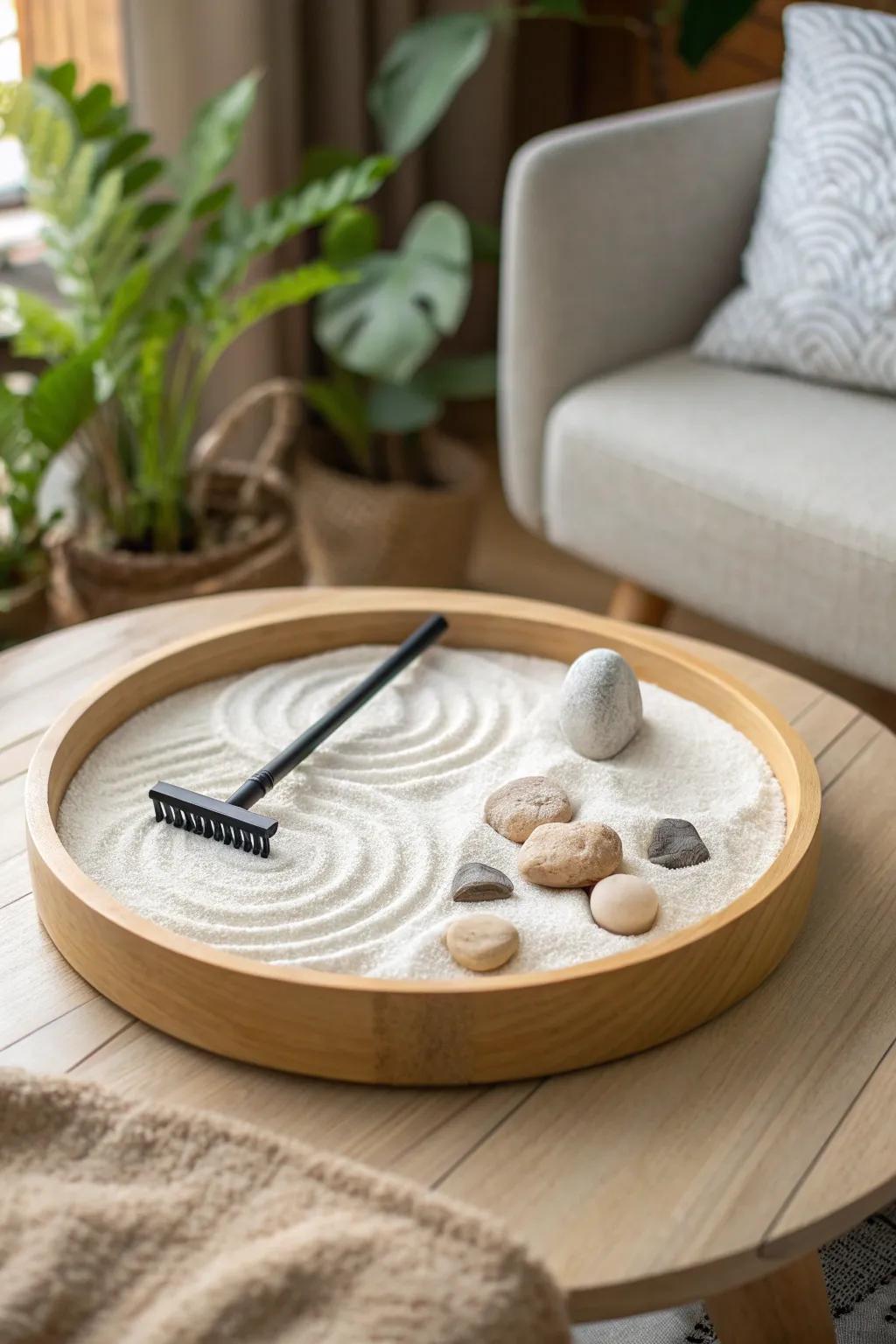 A rotating mini zen garden makes raking effortless—calm patterns from every angle.