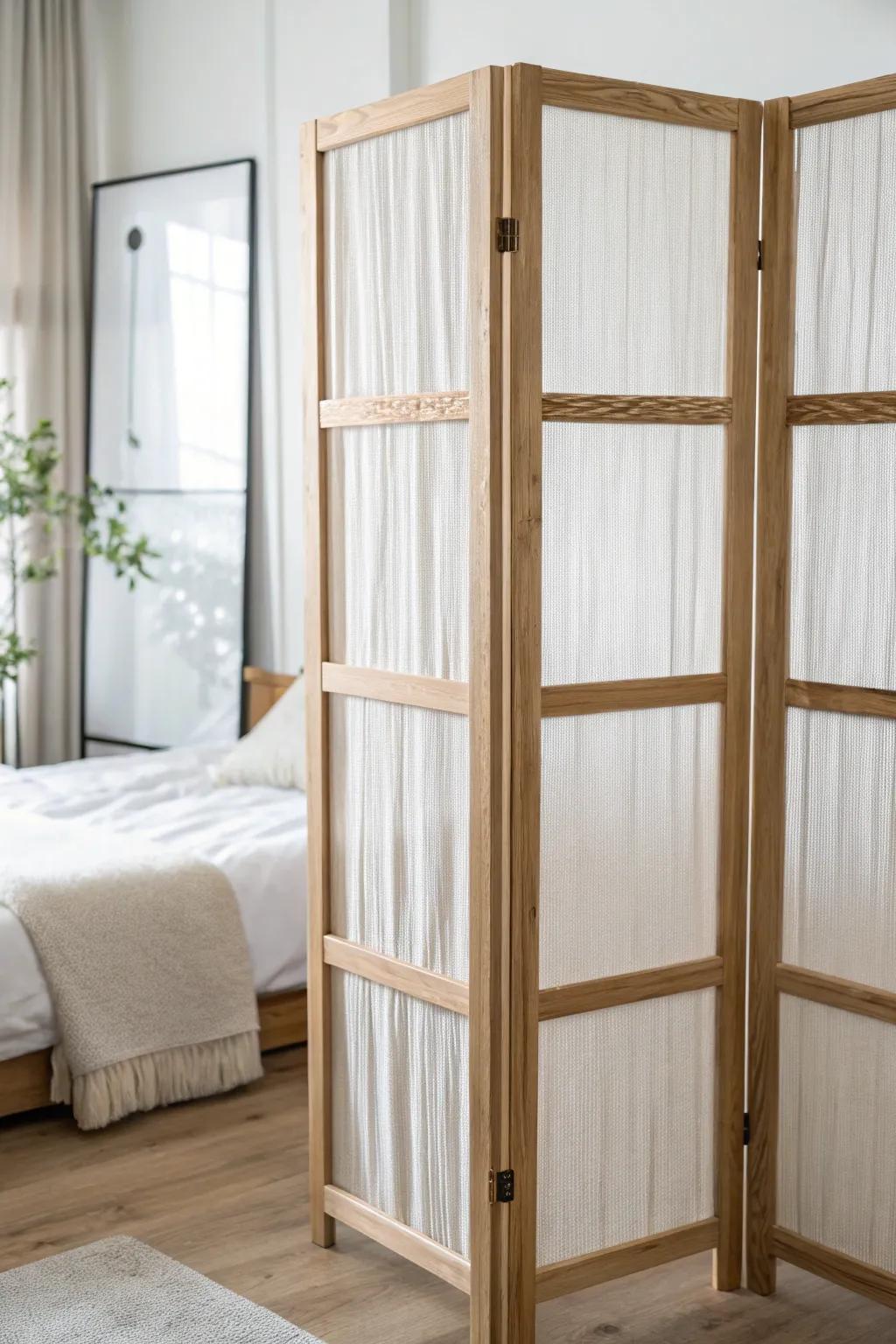 Sheer oak-and-linen divider zones a studio bedroom while keeping the light flowing.