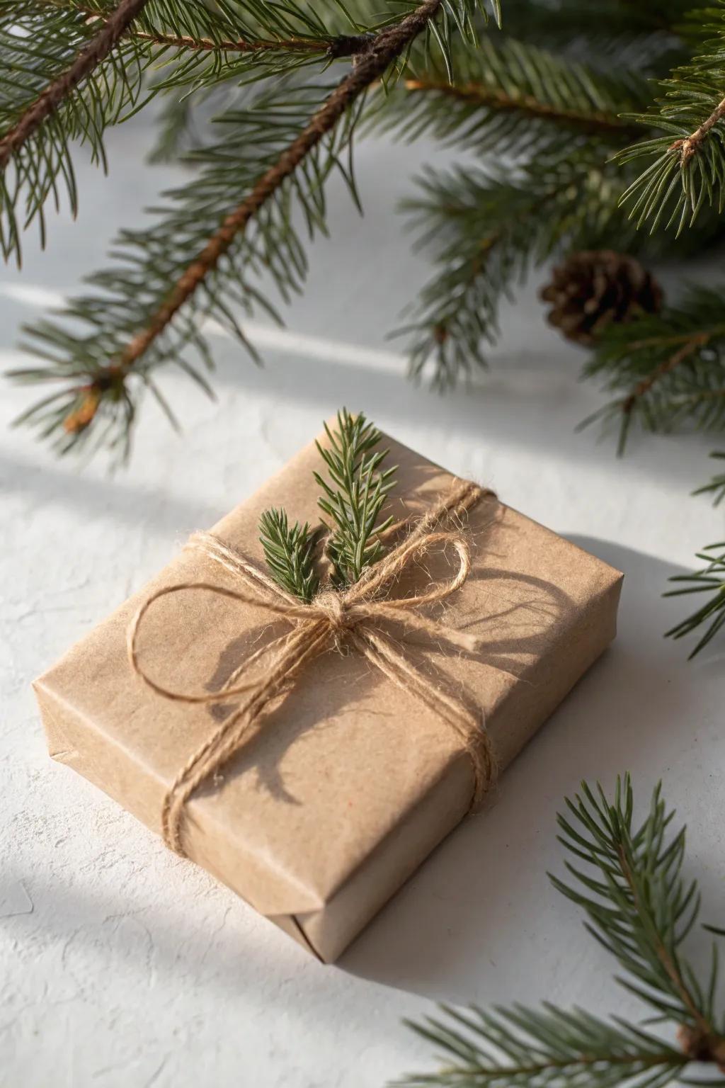 A brown-paper gift tied with twine doubles as minimalist tree decor in a cozy small-space corner.